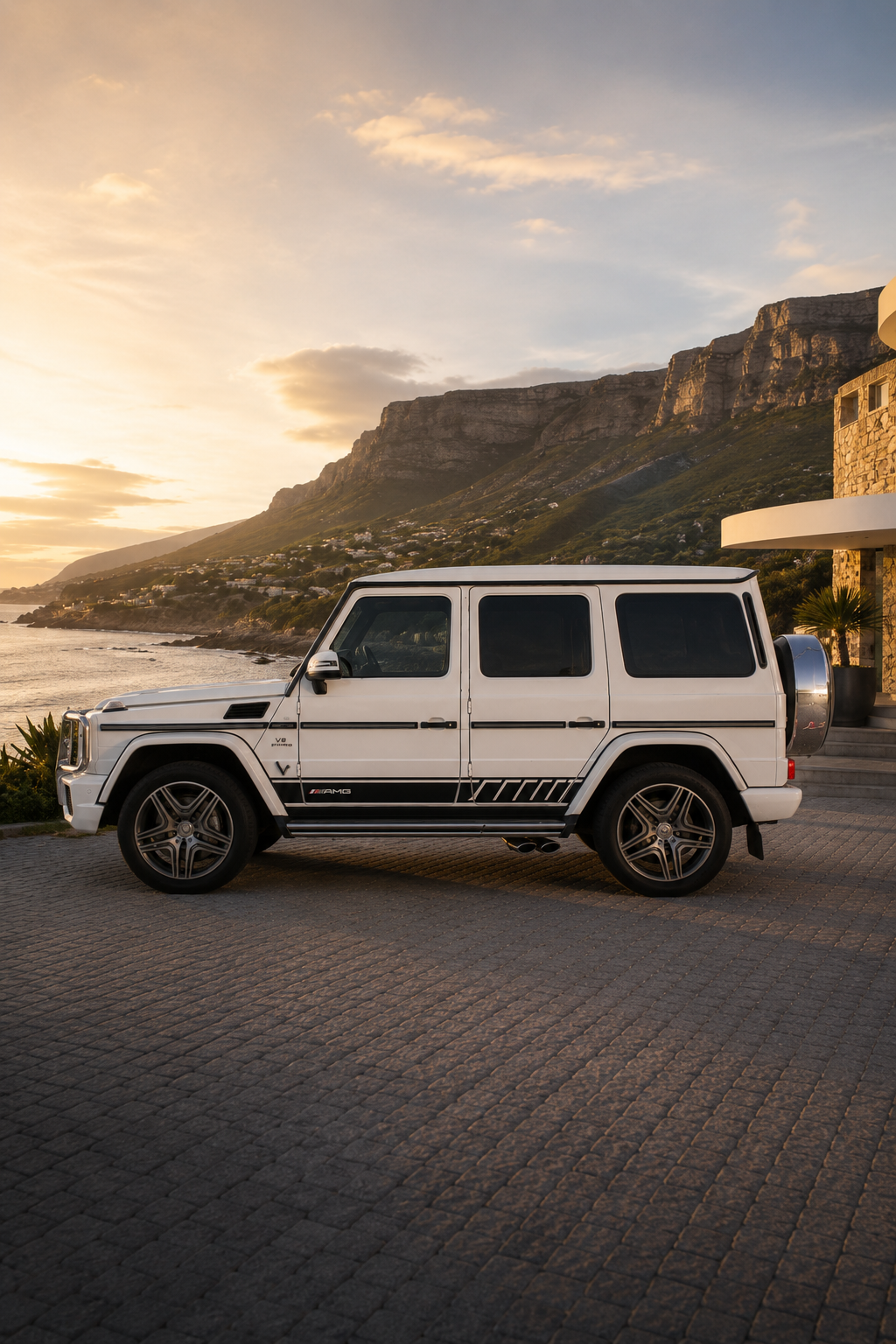 Side profile of the white 2017 Mercedes Benz G63 AMG V8 BiTurbo