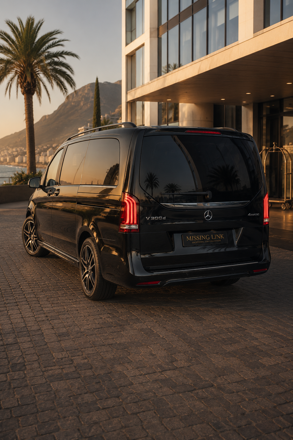 Rear three-quarter view of the black 2024 Mercedes Benz V-Class V300d