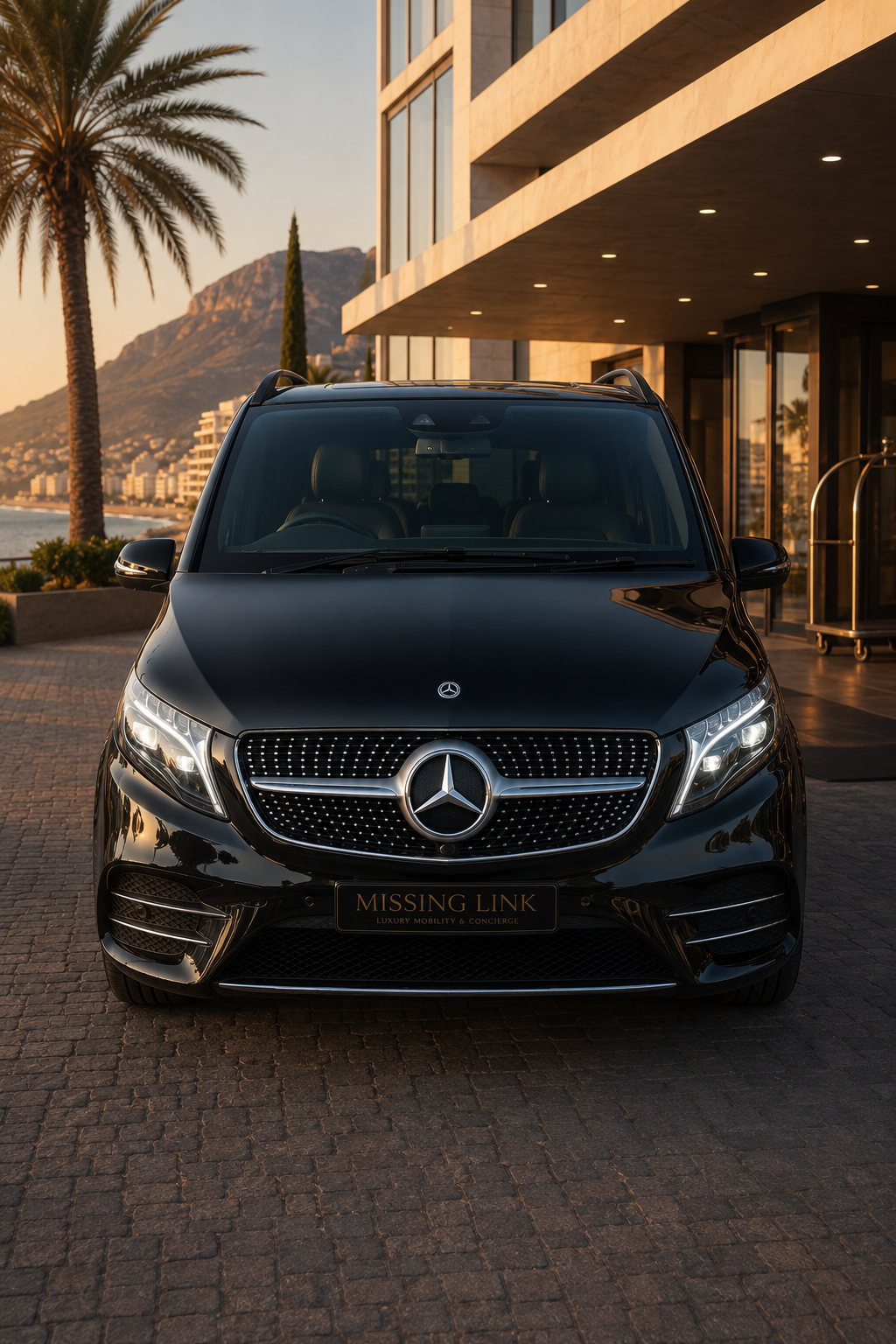 Front view of the black 2024 Mercedes Benz V-Class V300d