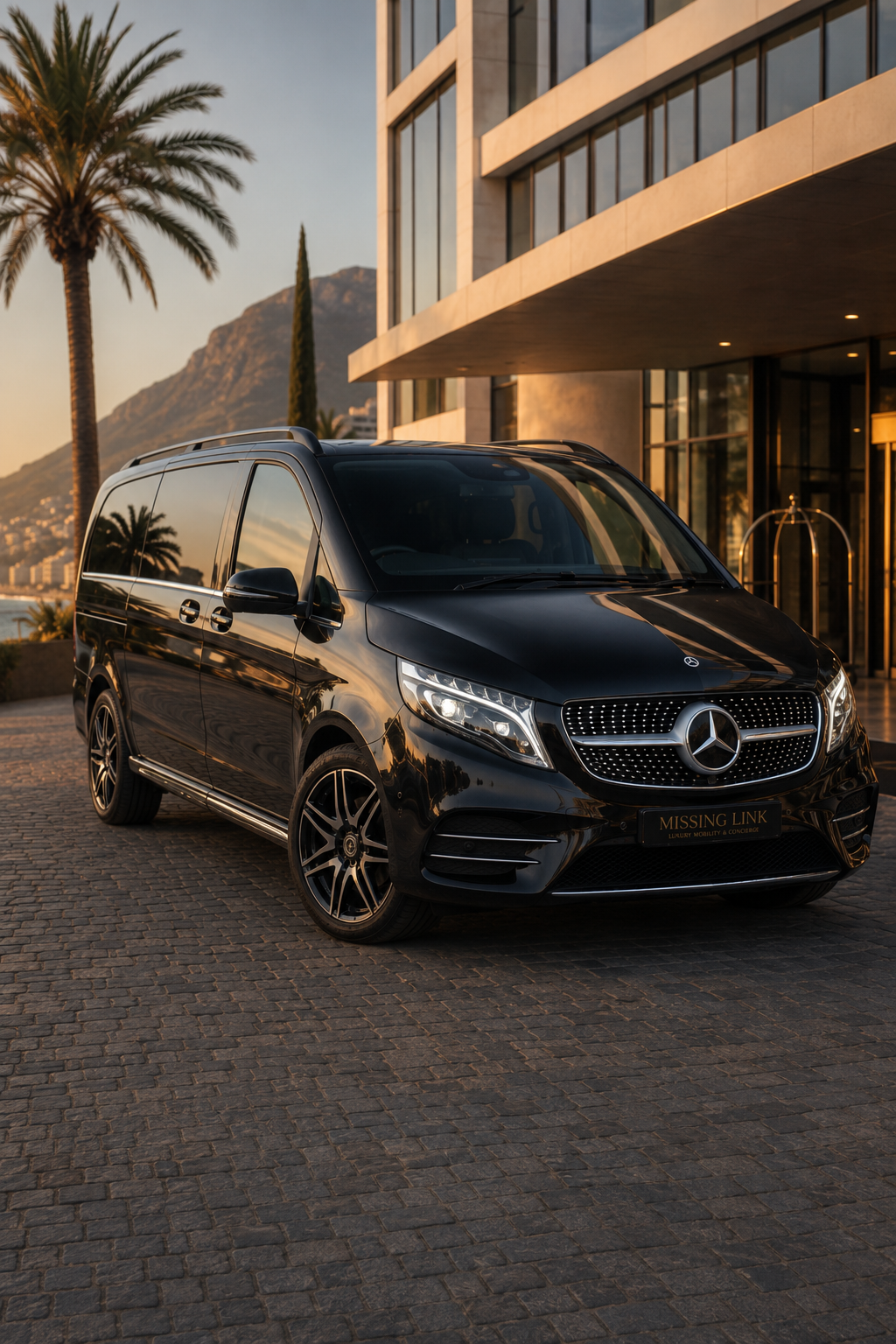 Front three-quarter view of the black 2024 Mercedes Benz V-Class V300d