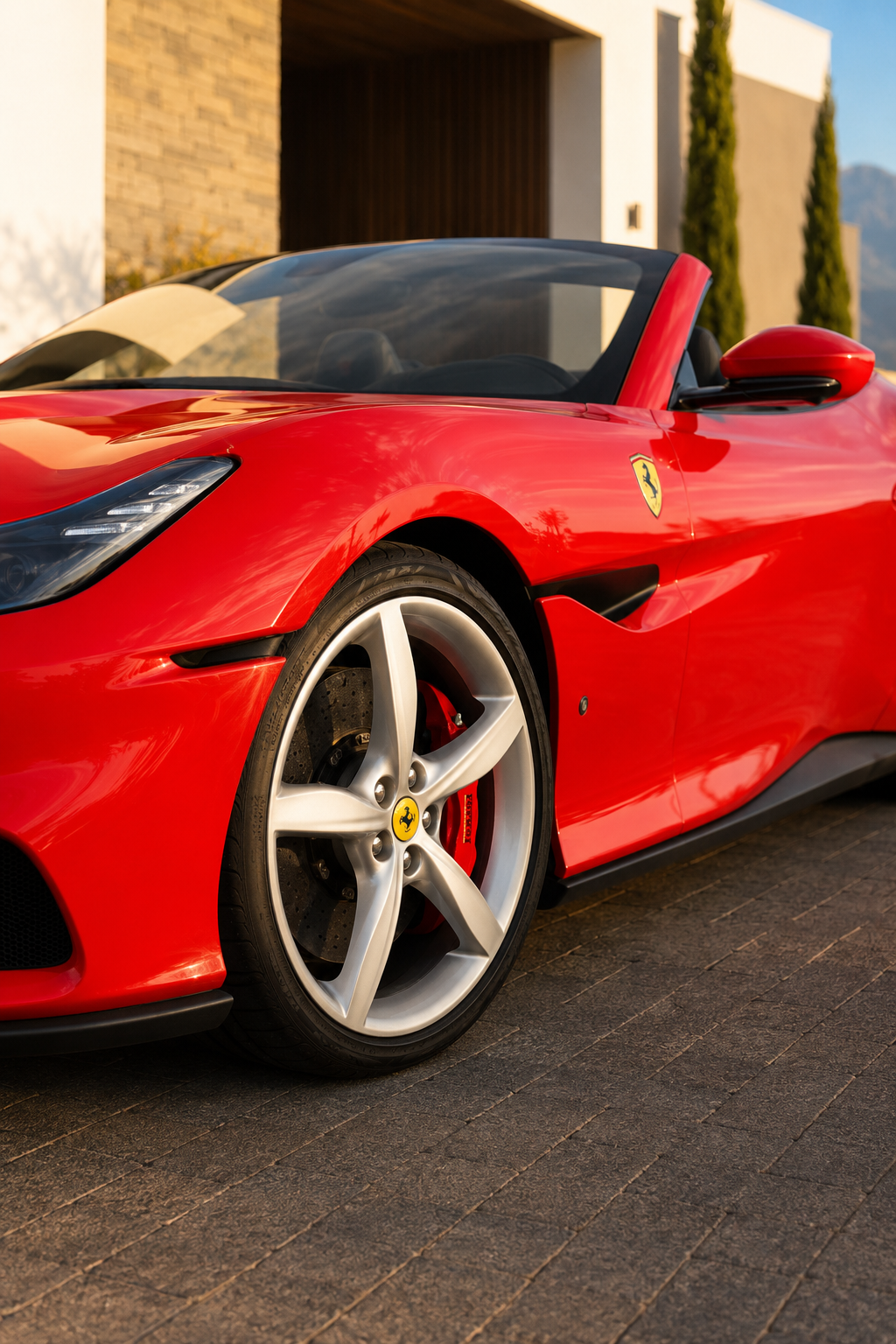 Wheel and side detail of the red 2024 Ferrari Portofino