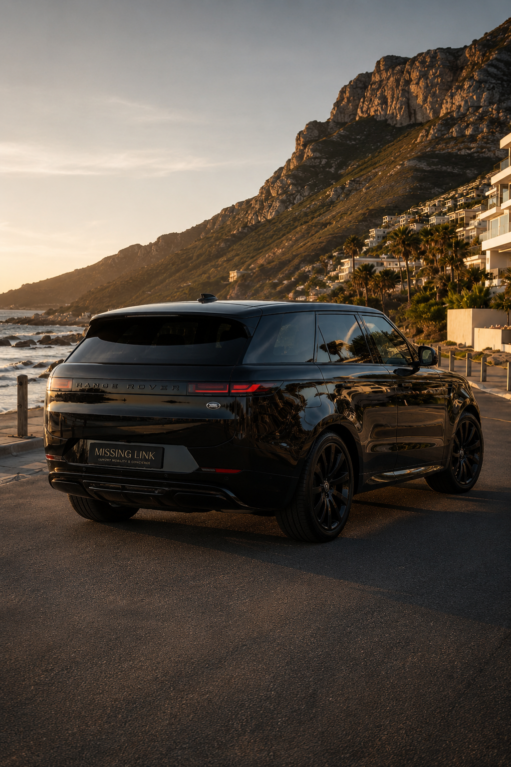 Rear three-quarter view of the black 2023 Range Rover Sport P530 V8 5.0