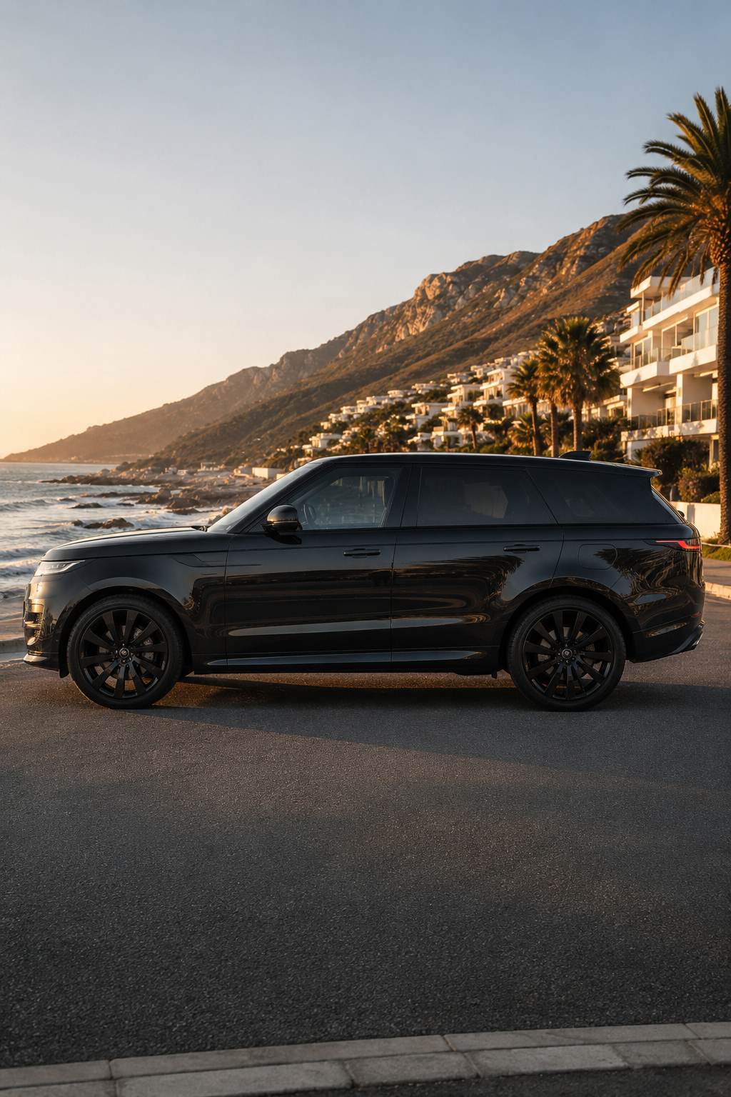 Side profile of the black 2023 Range Rover Sport P530 V8 5.0