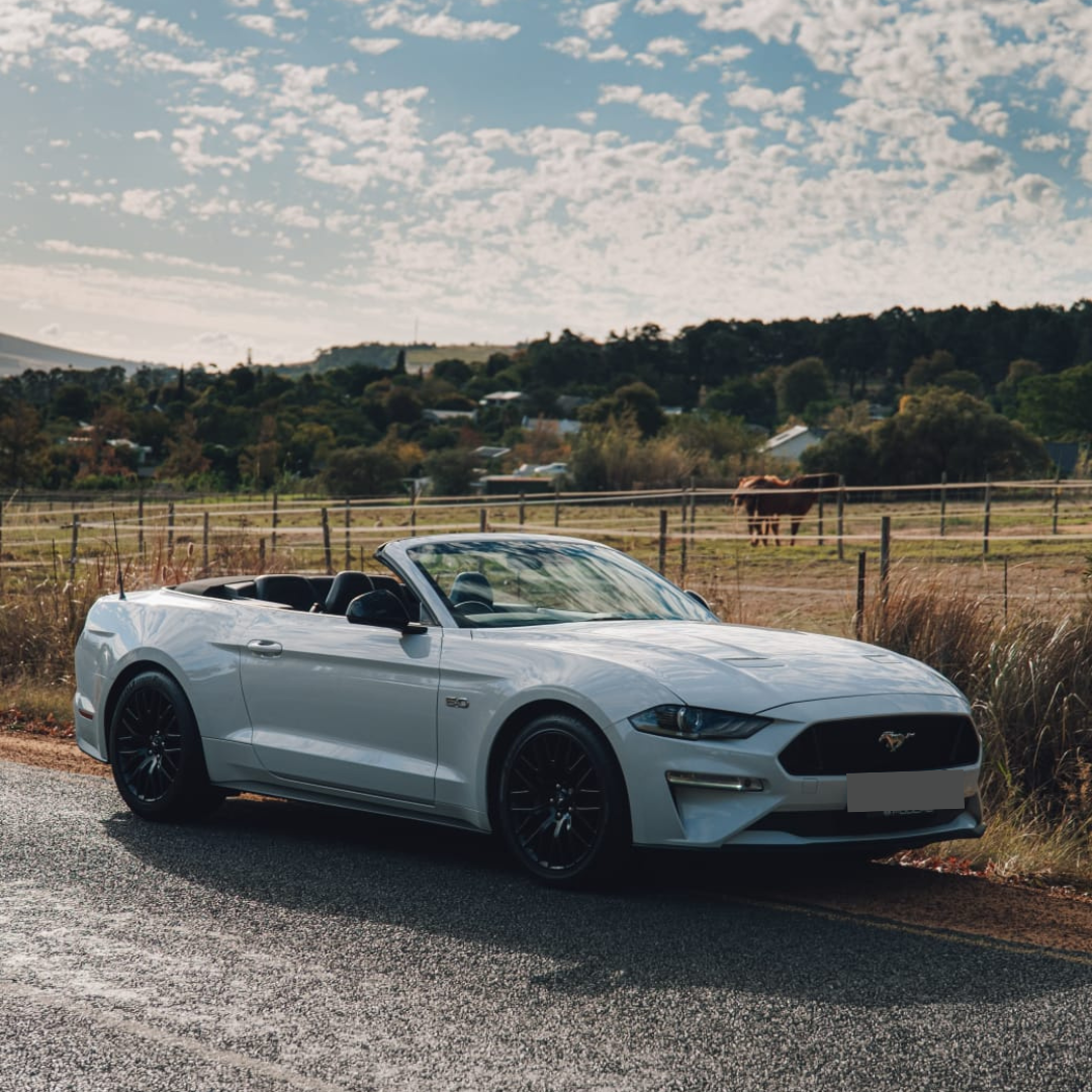 White 2021 Ford Mustang GT side angle in Cape Town