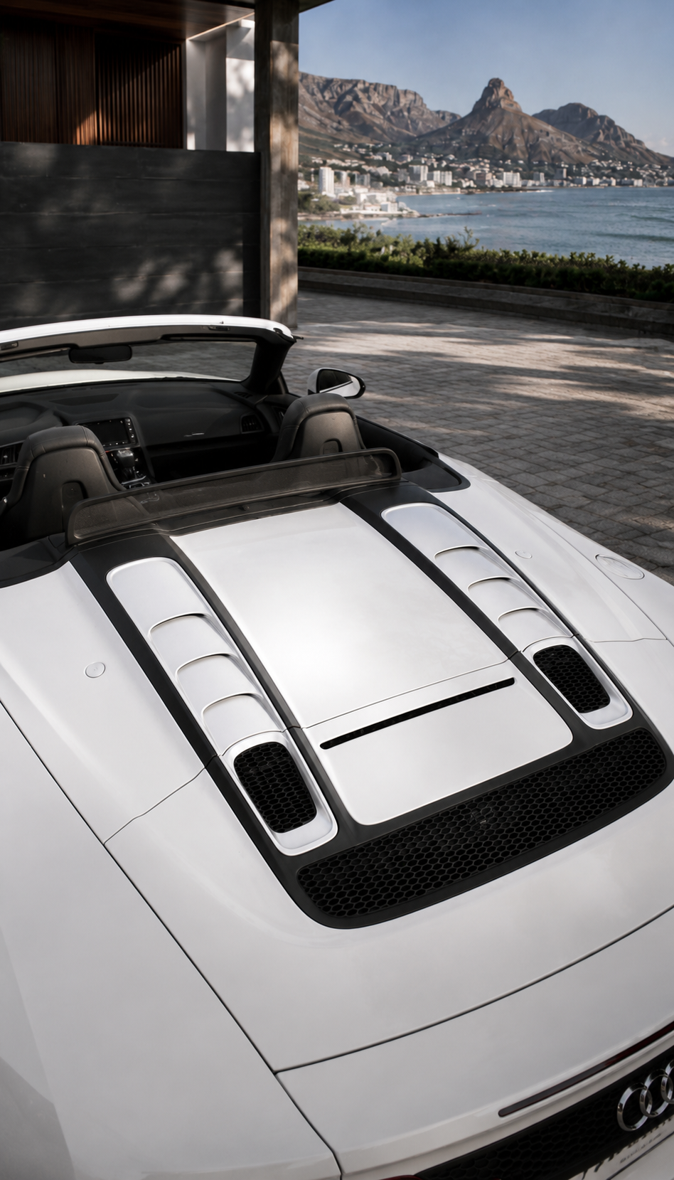 Engine cover detail of the white 2019 Audi R8 Spyder V10 Convertible