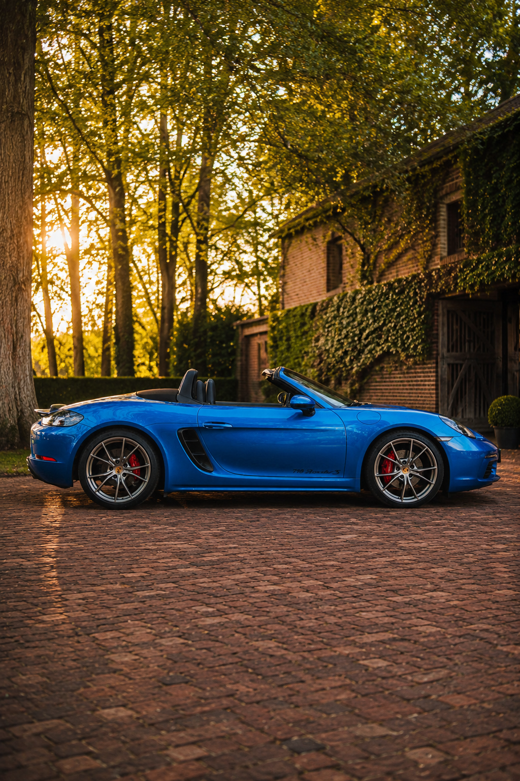 Side profile of the blue Porsche Boxster 718 S - 2017