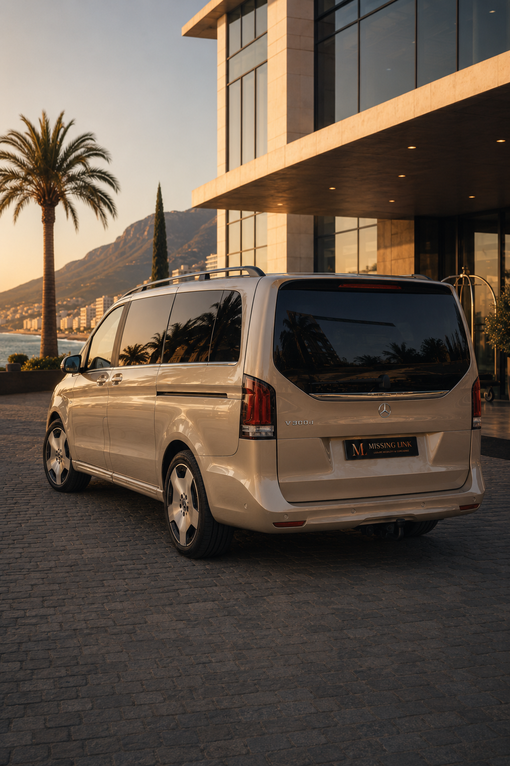Front three-quarter view of the black 2026 Mercedes Benz V300d