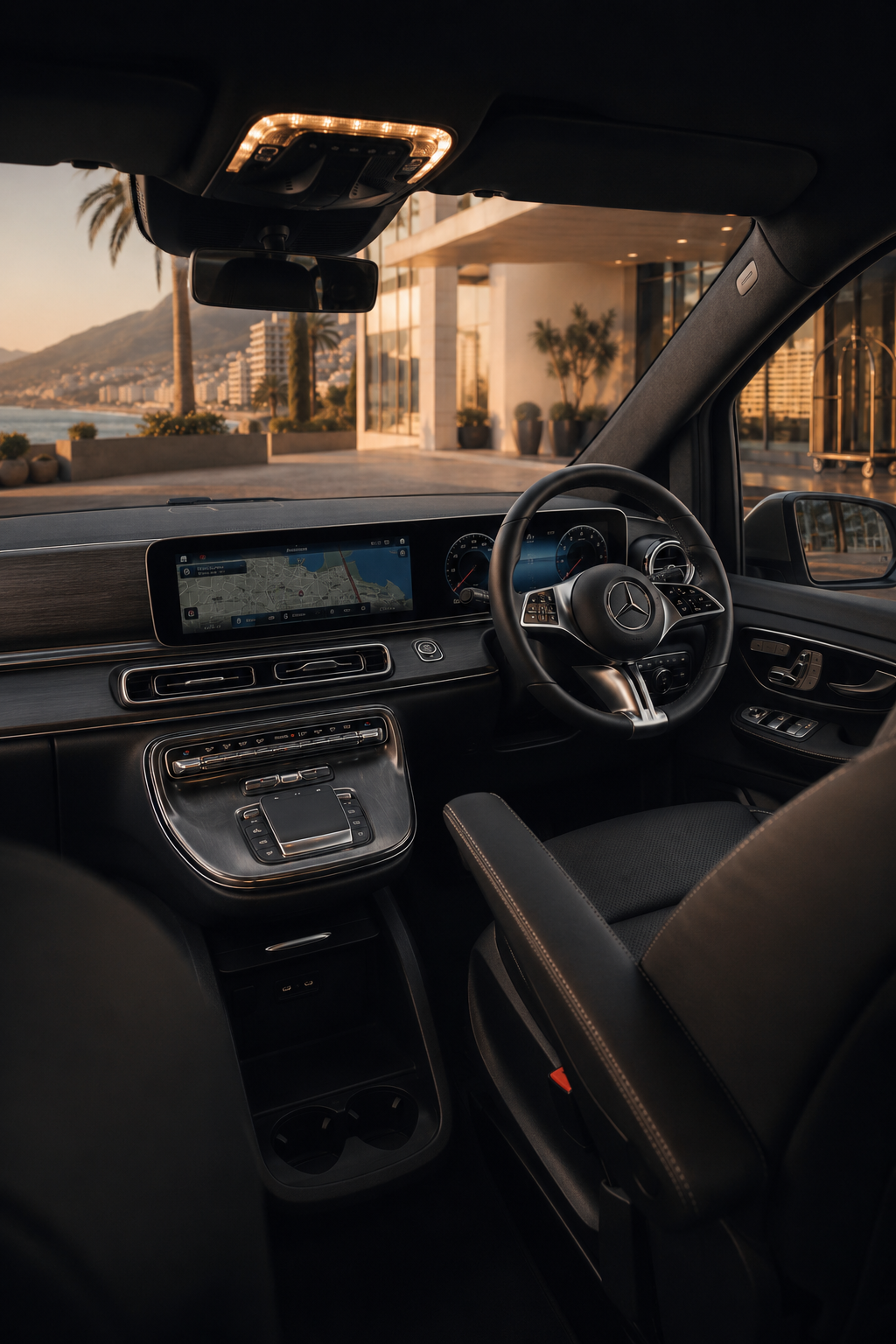 Rear three-quarter view of the black 2026 Mercedes Benz V300d