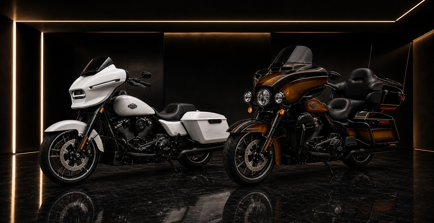 Harley-Davidson Street Glide and Harley-Davidson Ultra Limited in one sleek black showroom panorama