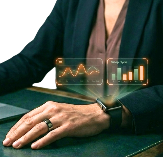 Female executive wearing an Oura ring with wearable health metrics
