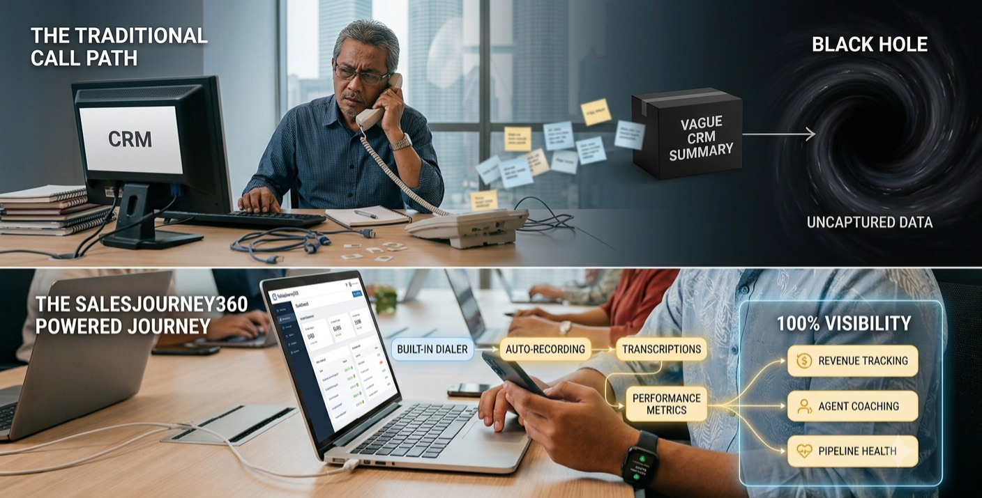 Comparison diagram showing the traditional call tracking blind spot versus SalesJourney360 unified call analytics.