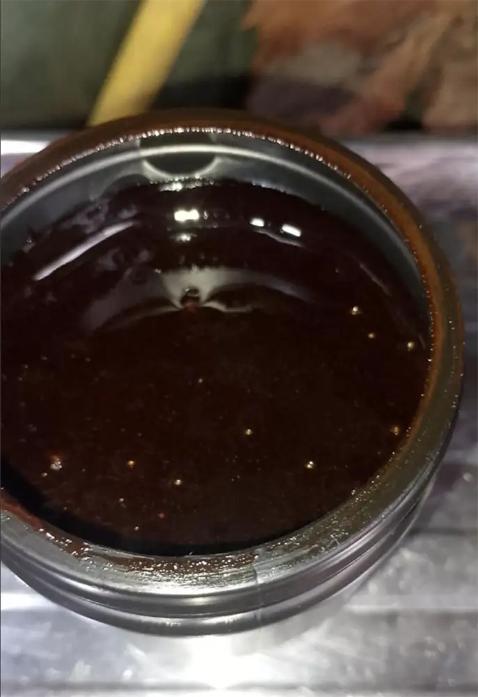 Reconstituted ayahuasca paste in a jar, the form of medicine served at most retreats outside the Amazon