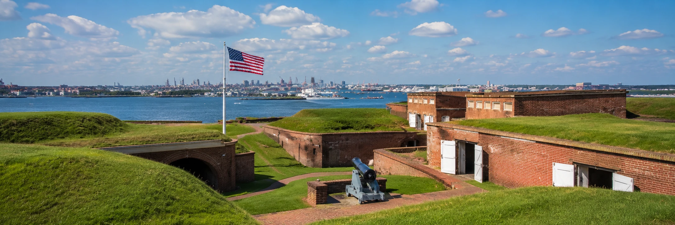 Historic Fort McHenry National Monument in Baltimore, Maryland featuring brick fort walls, grassy embankments, a historic cannon, and a large American flag overlooking the Baltimore harbor on a clear sunny day.