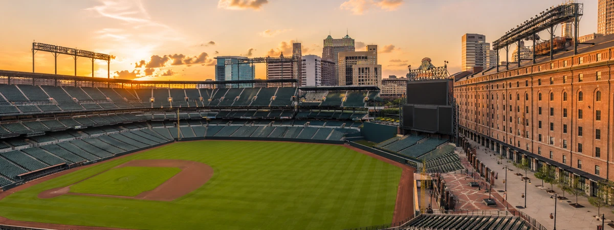 Panoramic view of Oriole Park at Camden Yards baseball stadium in Baltimore, Maryland at sunset