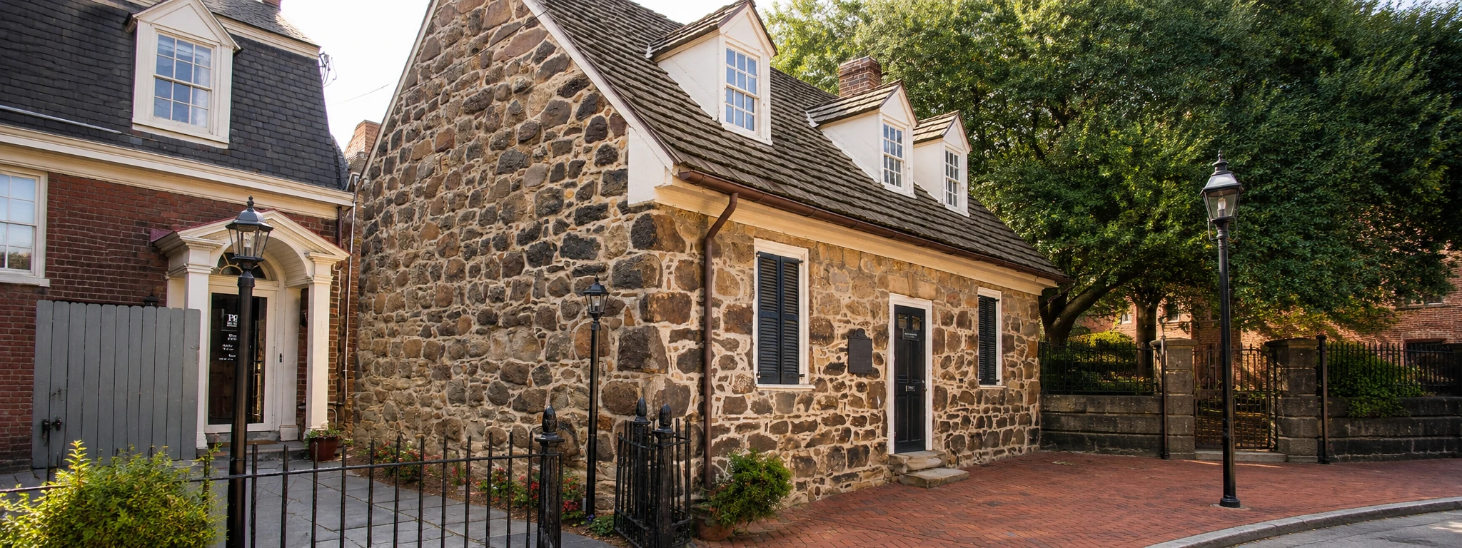 Historic John Ross House landmark in St. Andrews, New Brunswick with restored stone architecture and brick pathway.
