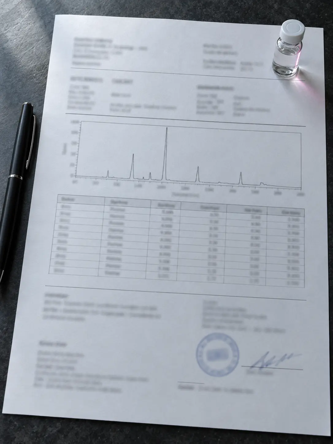 Printed laboratory analysis report with a chromatogram, results table and signature, with a peptide vial resting on the page