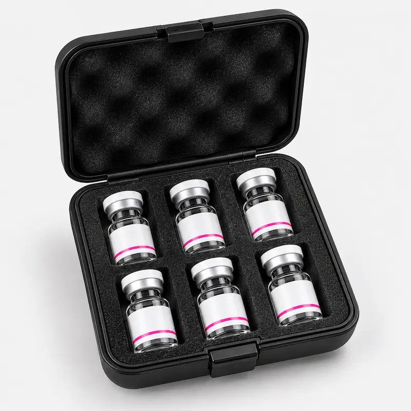 Black foam-lined storage case holding six peptide vials, Peppi Nerds