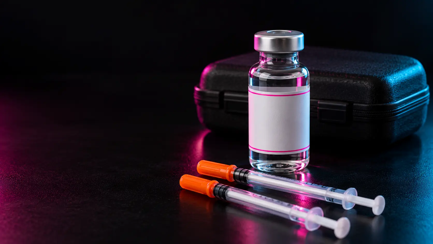 Bacteriostatic water vial with sealed laboratory syringes and a black storage case, Peppi Nerds