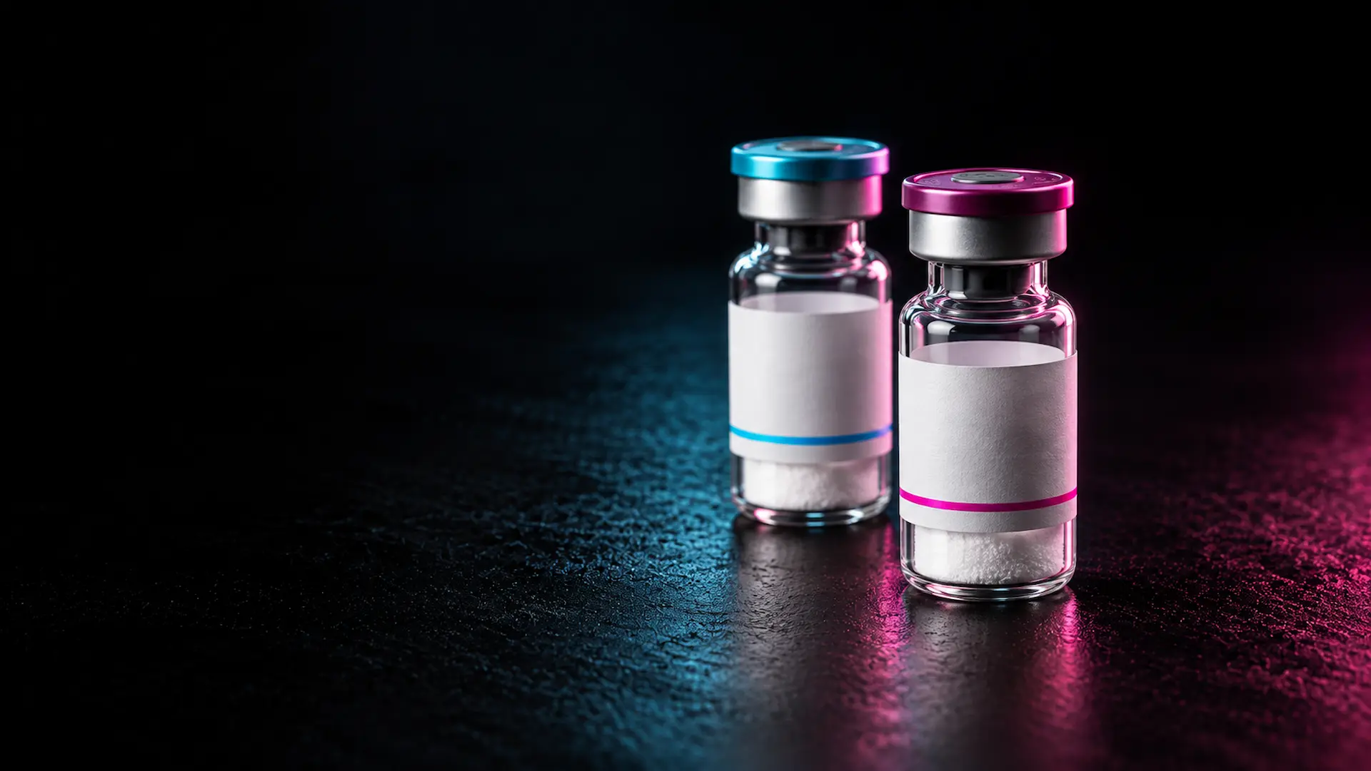 Two peptide blend vials with cyan and pink label stripes, Peppi Nerds