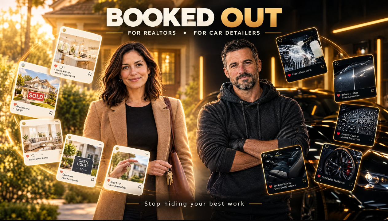 Booked Out sample social posts for car detailers and realtors