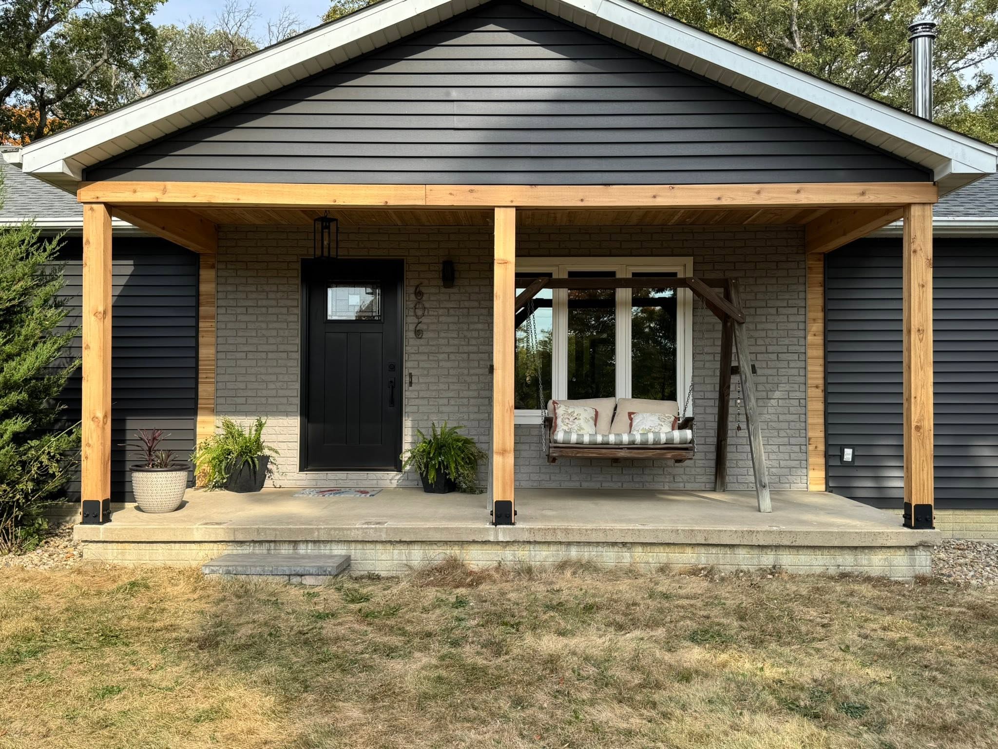 Cedar front porch addition in Normal, Illinois