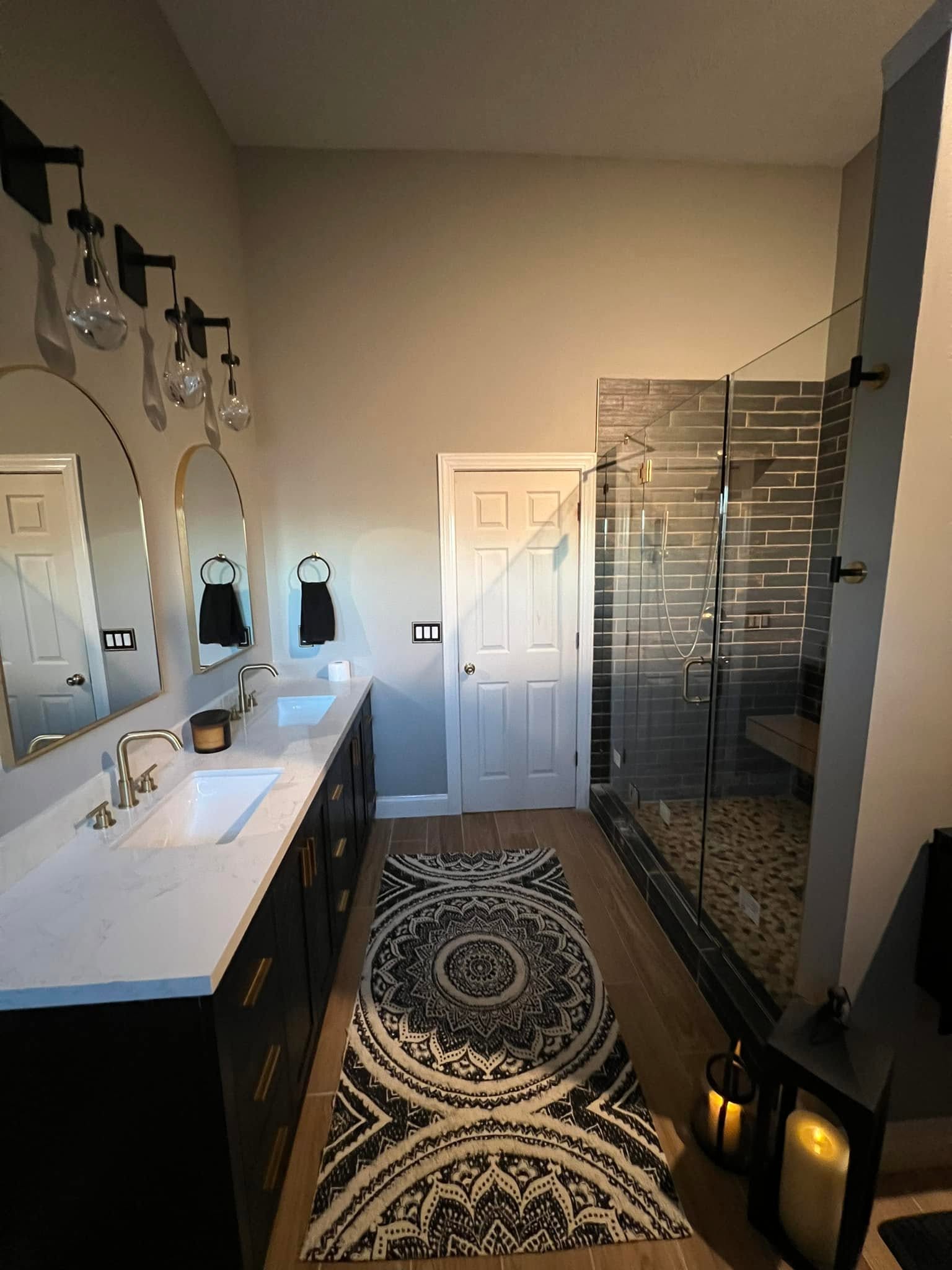 Double vanity and glass shower in a Normal, Illinois bathroom remodel