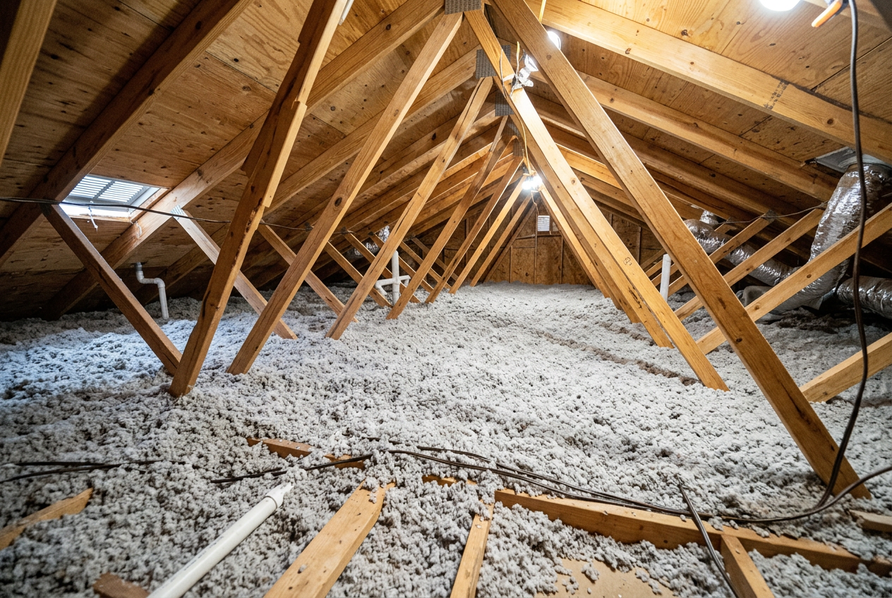 Insulation installed between roof rafters in an attic space