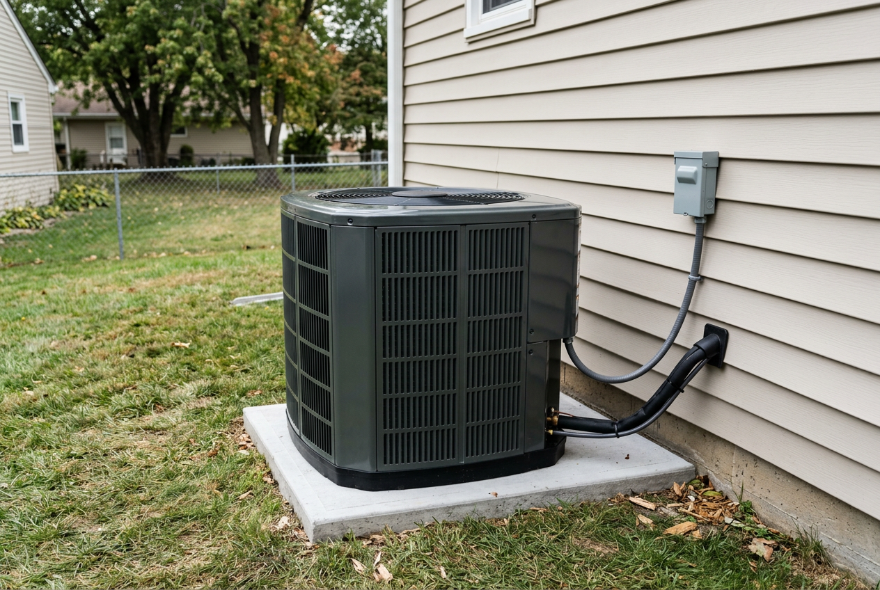 Outdoor air conditioning condenser unit beside a home