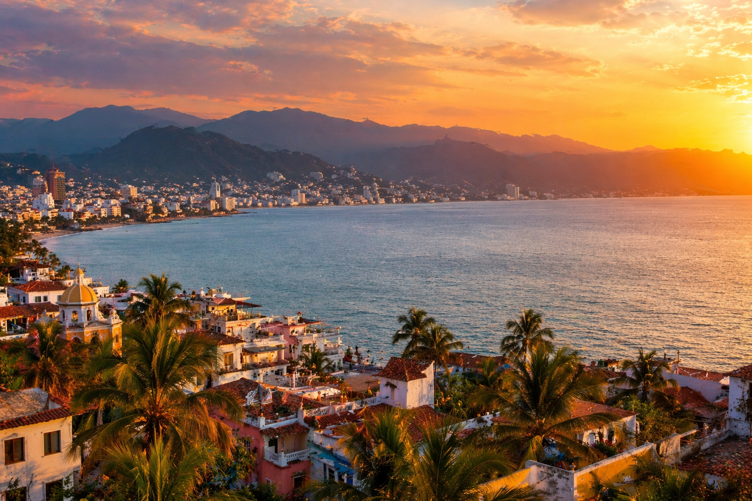 Wide-angle view of Puerto Vallarta at sunset, overlooking Banderas Bay with calm blue water, colorful coastal buildings, and palm trees in the foreground. The Sierra Madre mountains rise in the distance as golden sunlight reflects across the ocean, creating a peaceful, luxurious atmosphere.