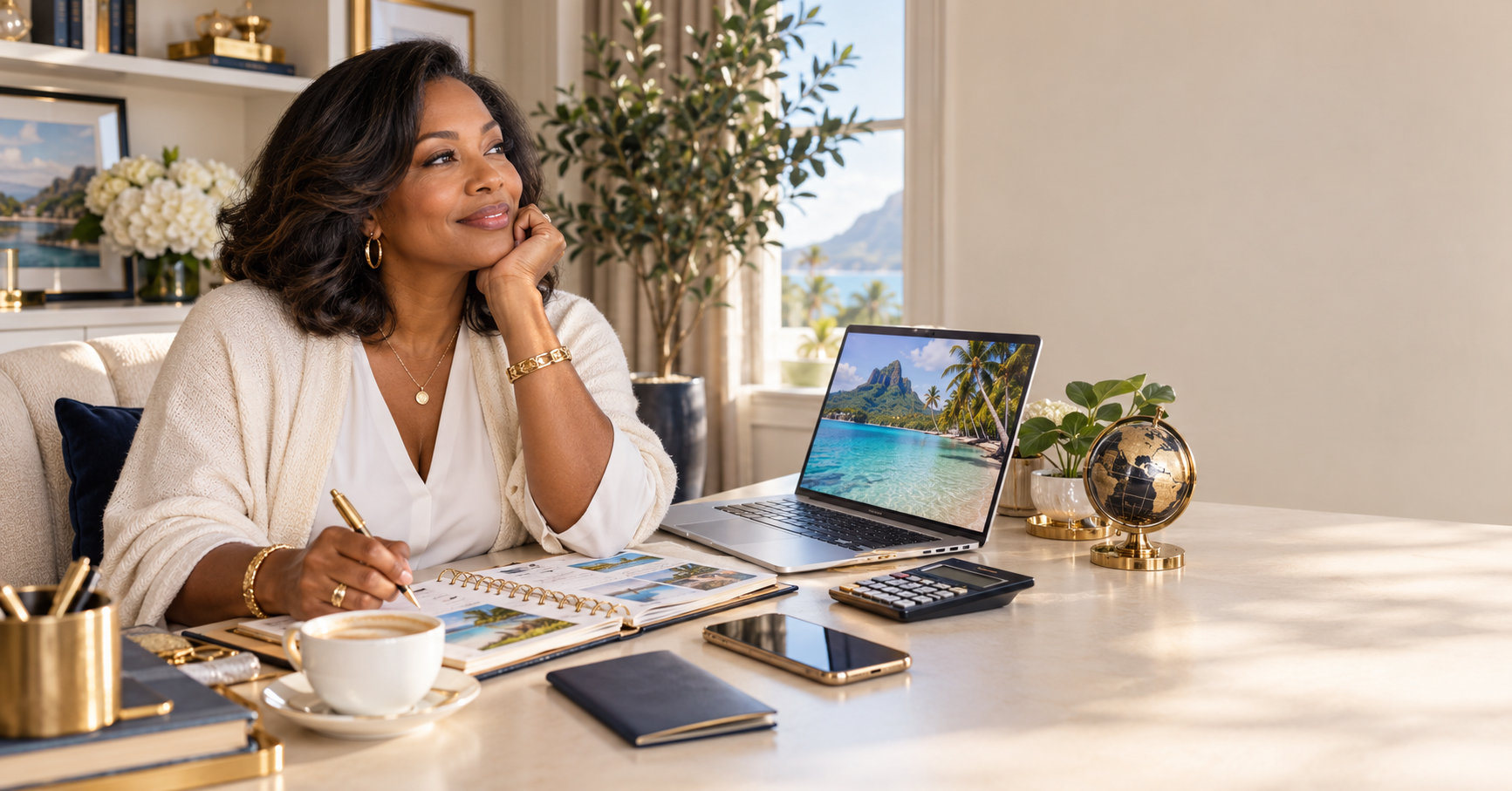 Black woman planning and budgeting for a future vacation at home.