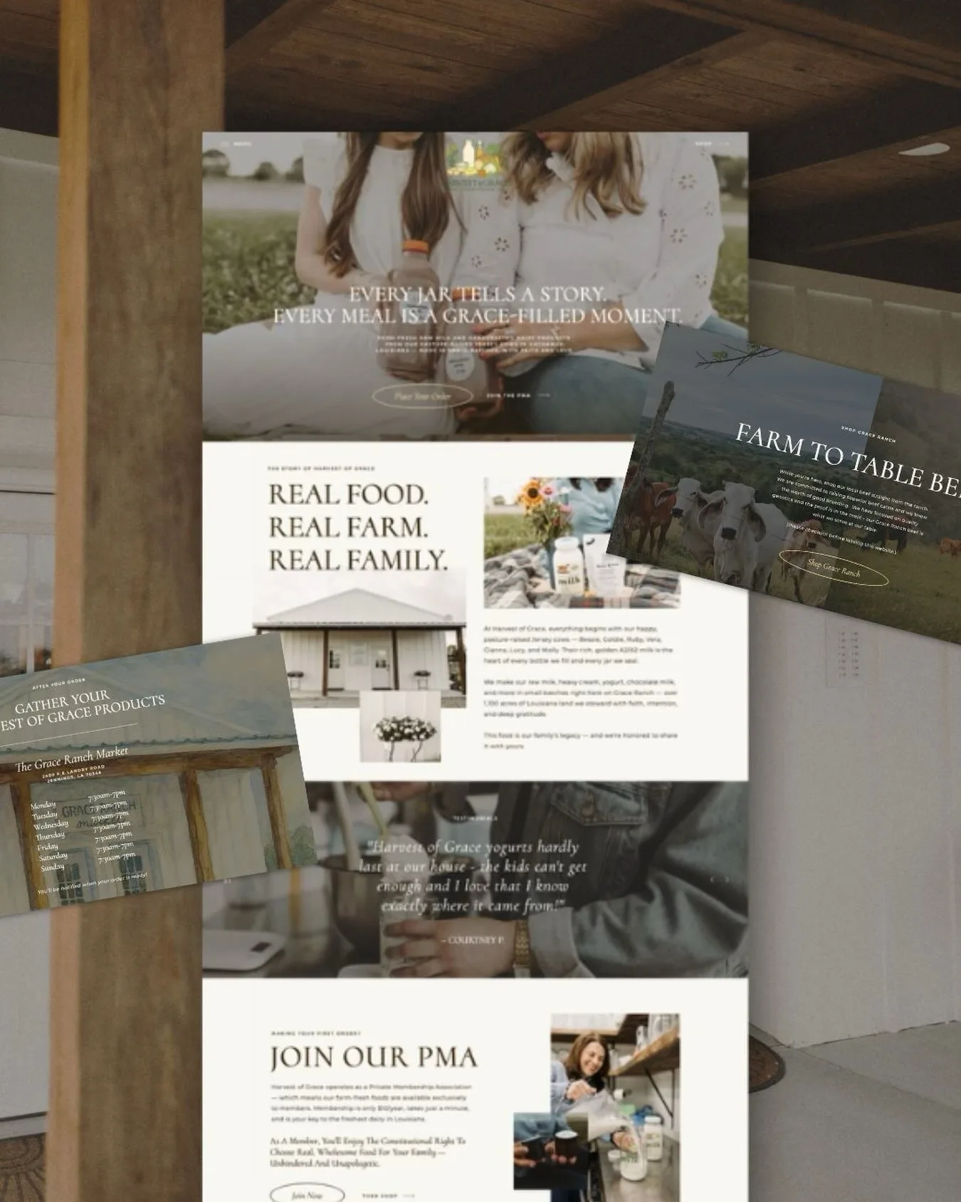 Overlapping website mockups displayed on a wooden chair in soft neutral tones. Overlapping website mockups displayed on a wooden chair in soft neutral tones.