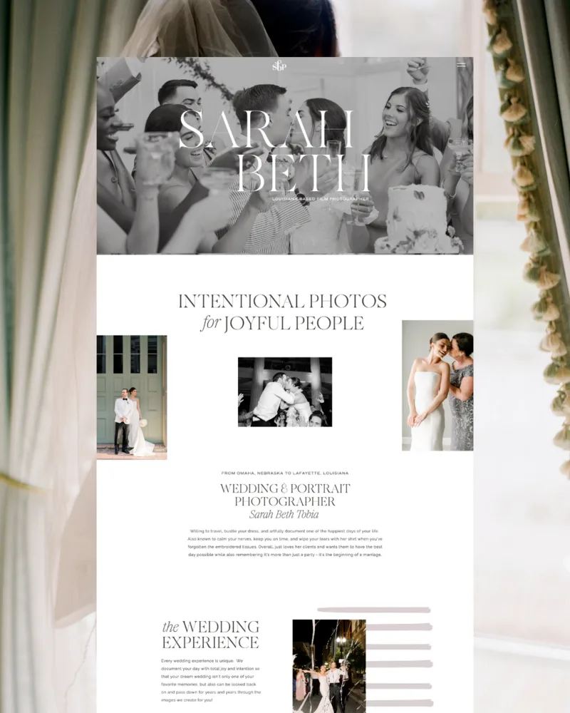 Website mockup with a black-and-white wedding photography layout and centered serif typography. Website mockup with a black-and-white wedding photography layout and centered serif typography.