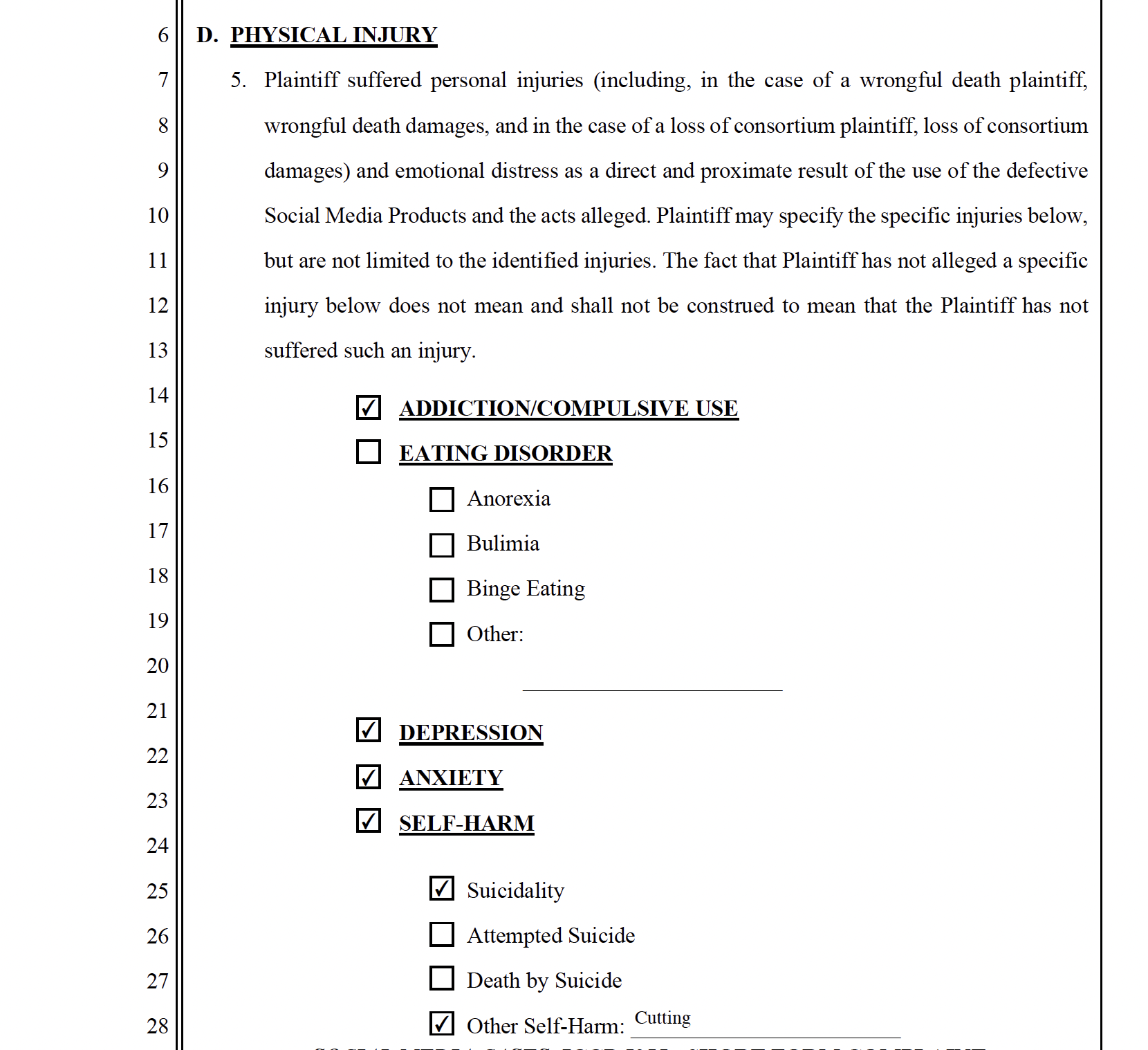 Complaint excerpt from Kaley social media addiction lawsuit listing alleged injuries such as depression, anxiety, and self-harm