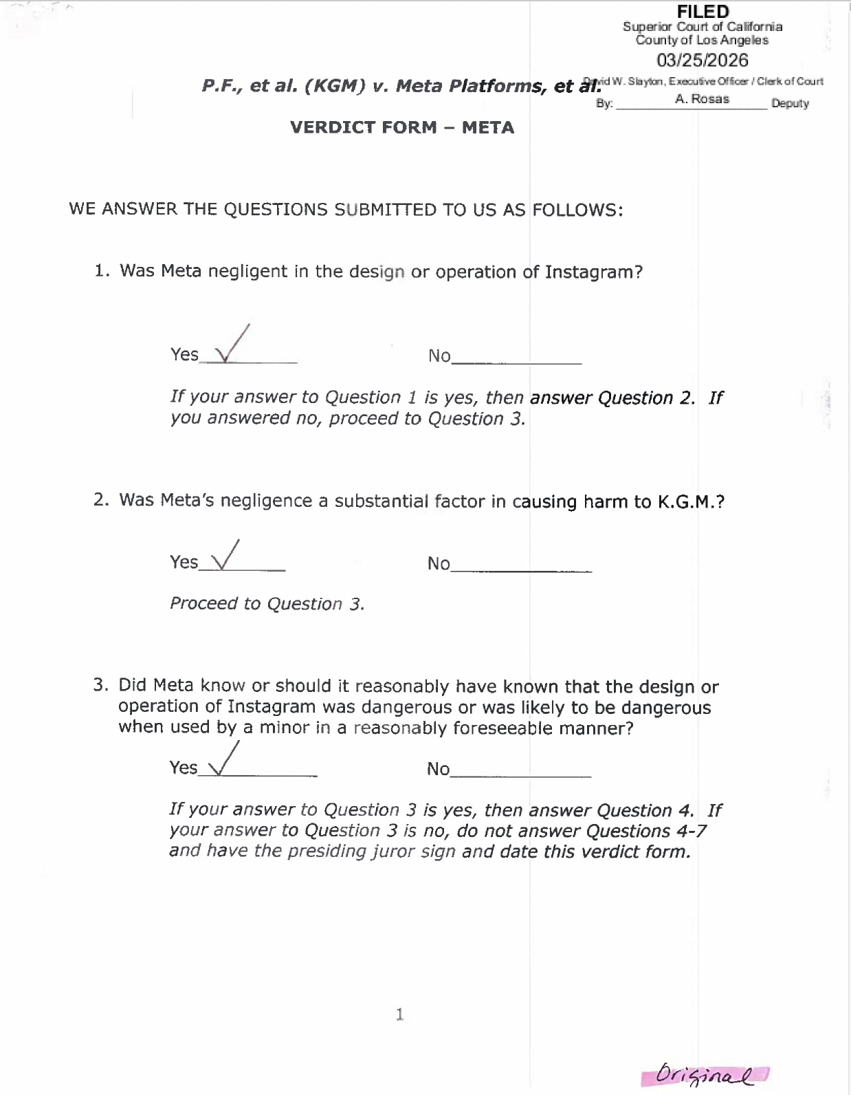Jury verdict form finding Meta negligent in social media addiction lawsuit involving Instagram design