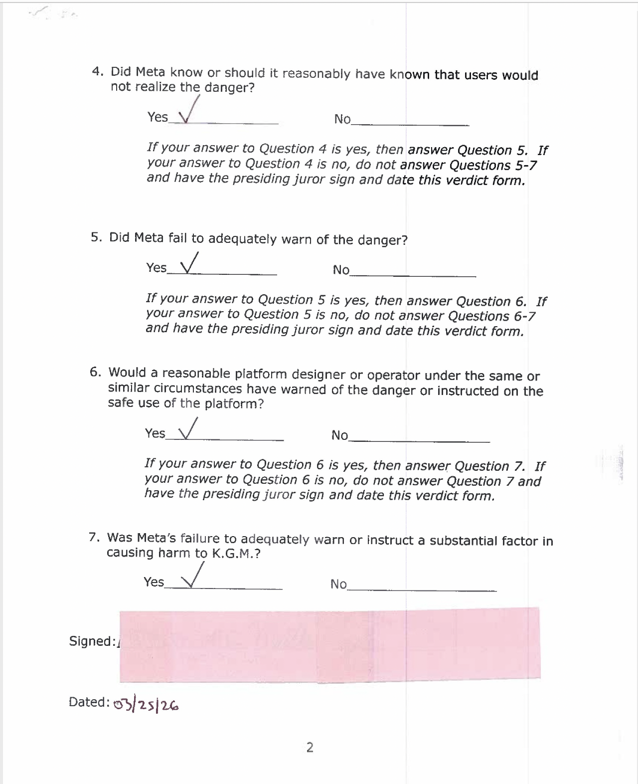 Jury verdict form page 2 finding Meta negligent in social media addiction lawsuit involving Instagram design dated March 25, 2026