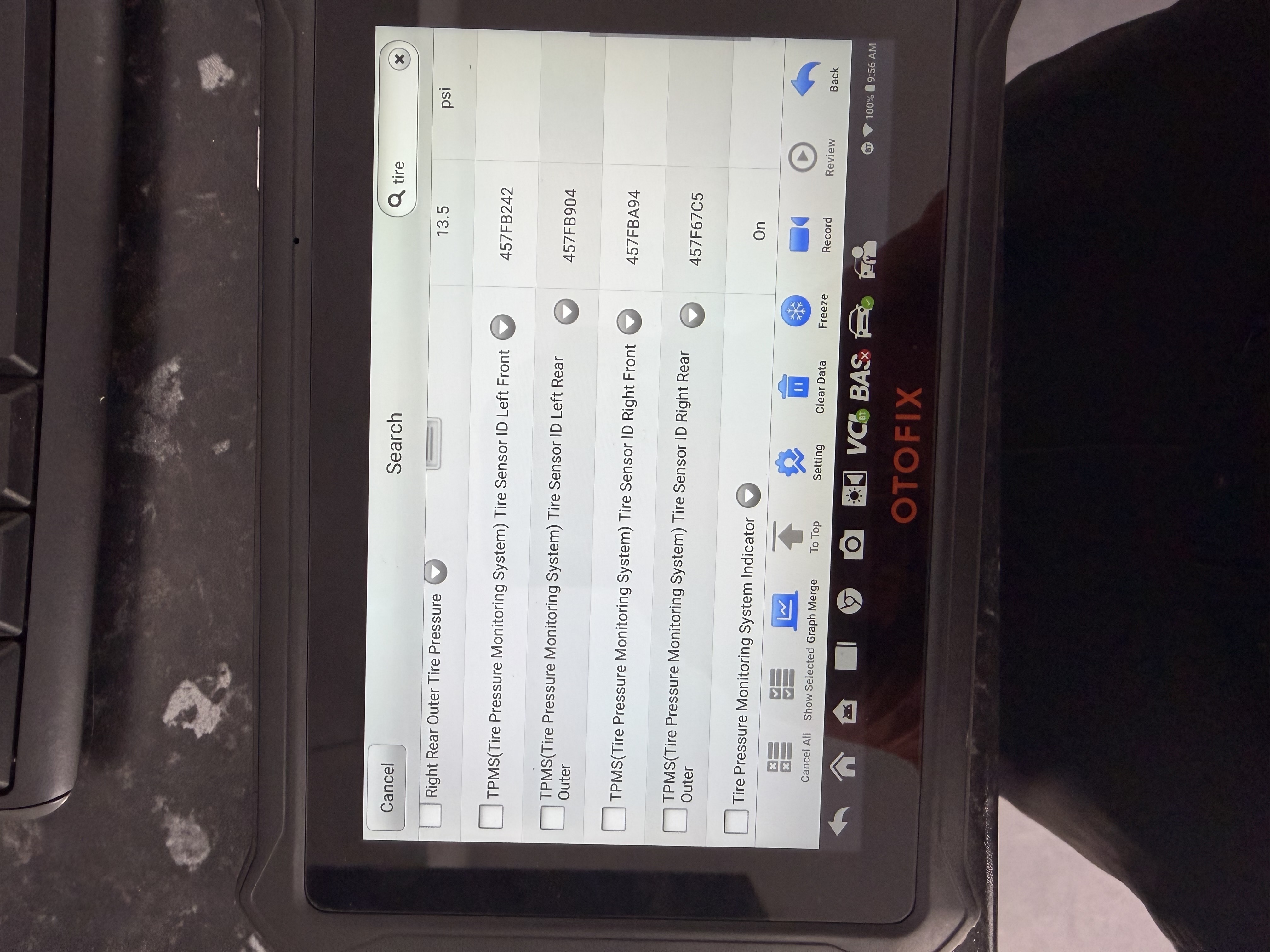TPMS sensor identification data displayed on diagnostic equipment at Shaw's Service Station