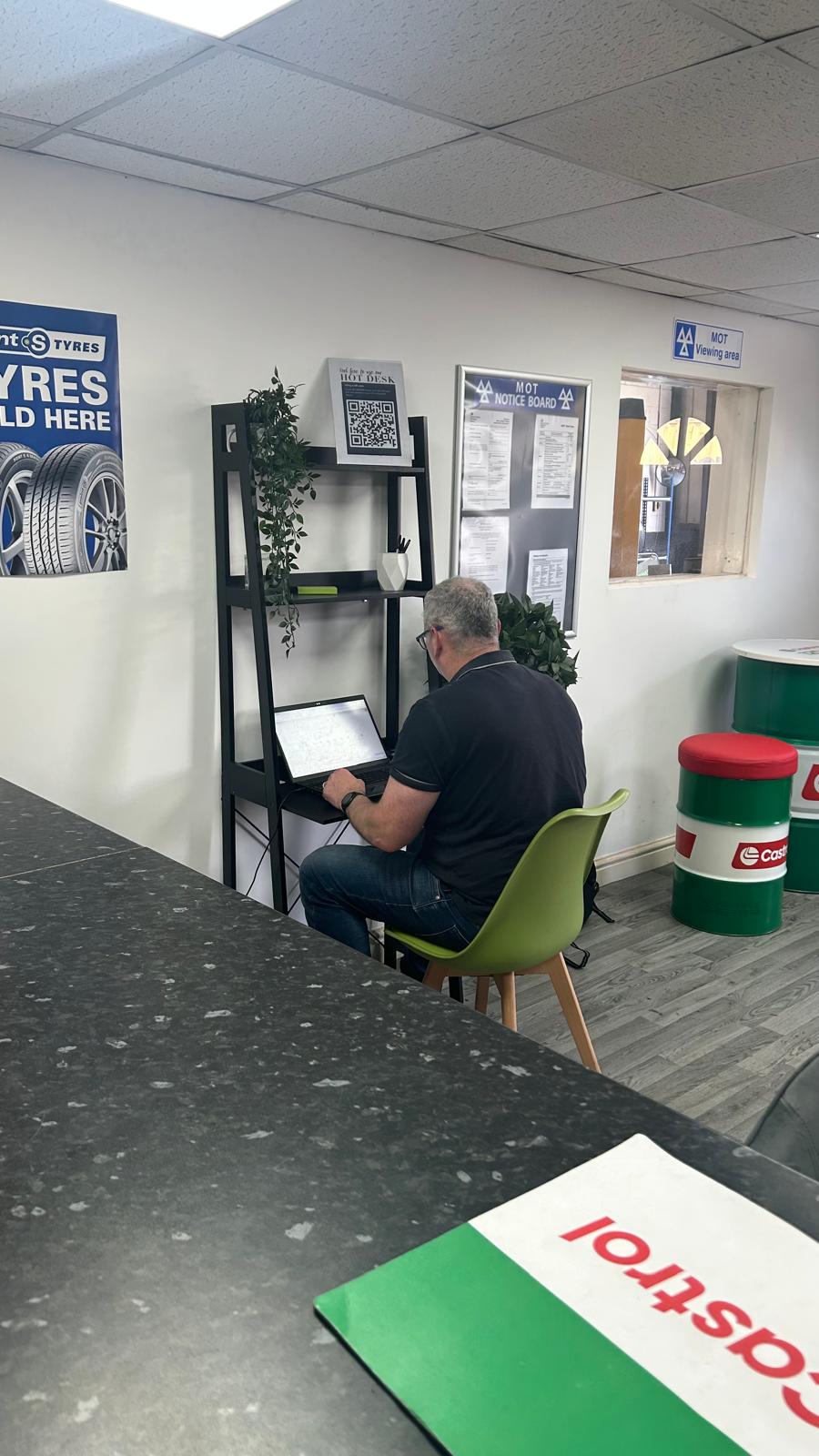 Shaw's Service Station MOT waiting area and viewing window