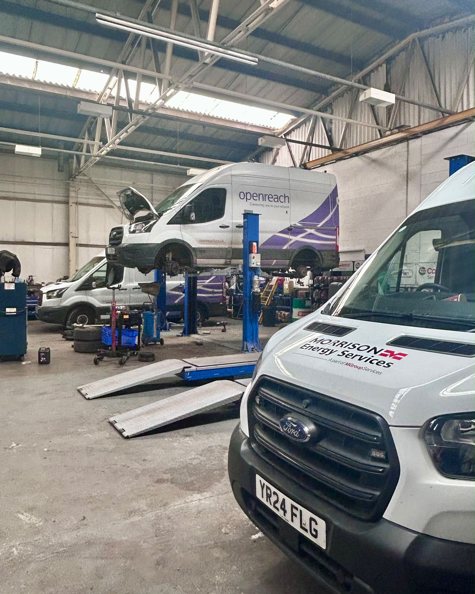 BT fleet van undergoing urgent repair at Shaw's Service Station in Rhyl