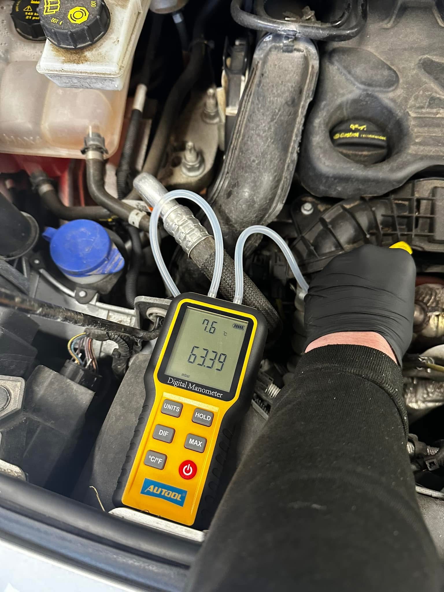 Diagnostic pressure testing during a diesel emissions fault investigation at Shaw's Rhyl workshop