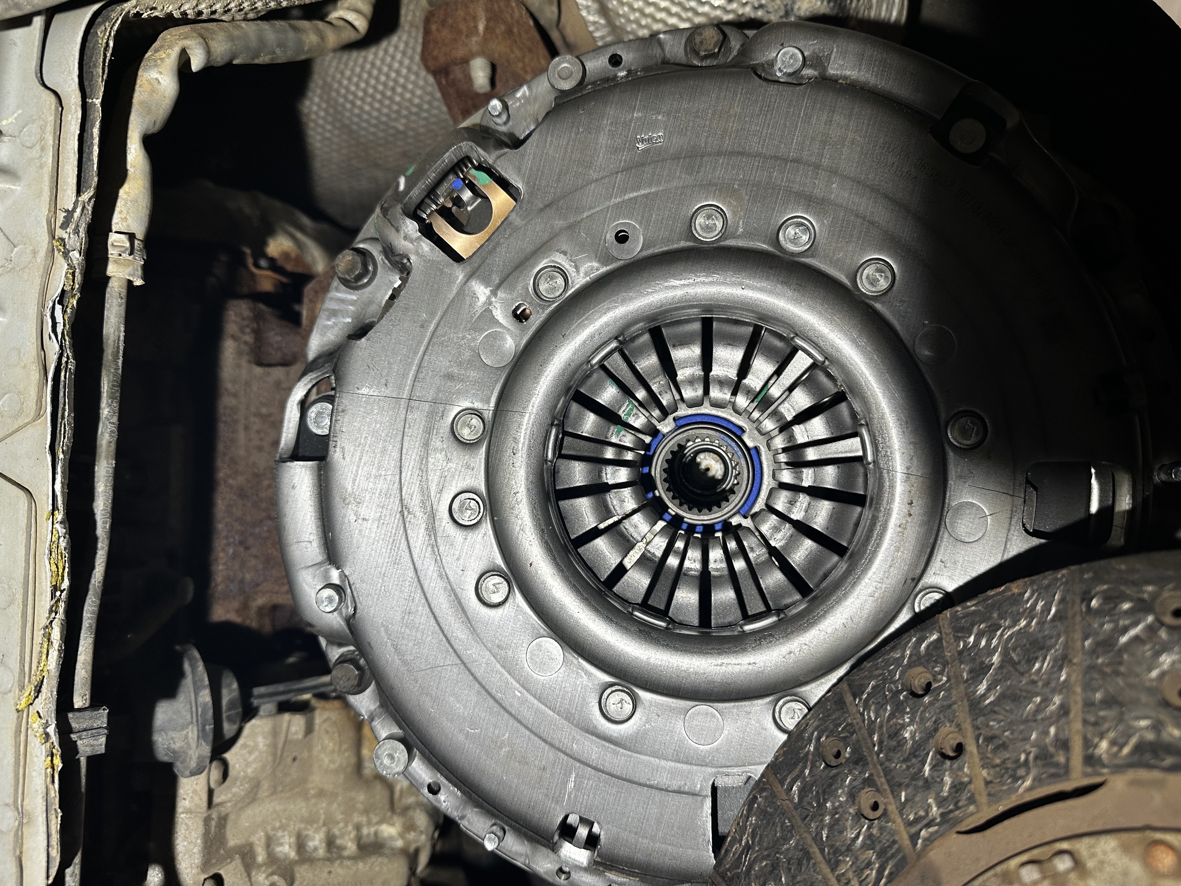New clutch assembly in position showing fresh pressure plate and clutch disc at Shaw's Service Station