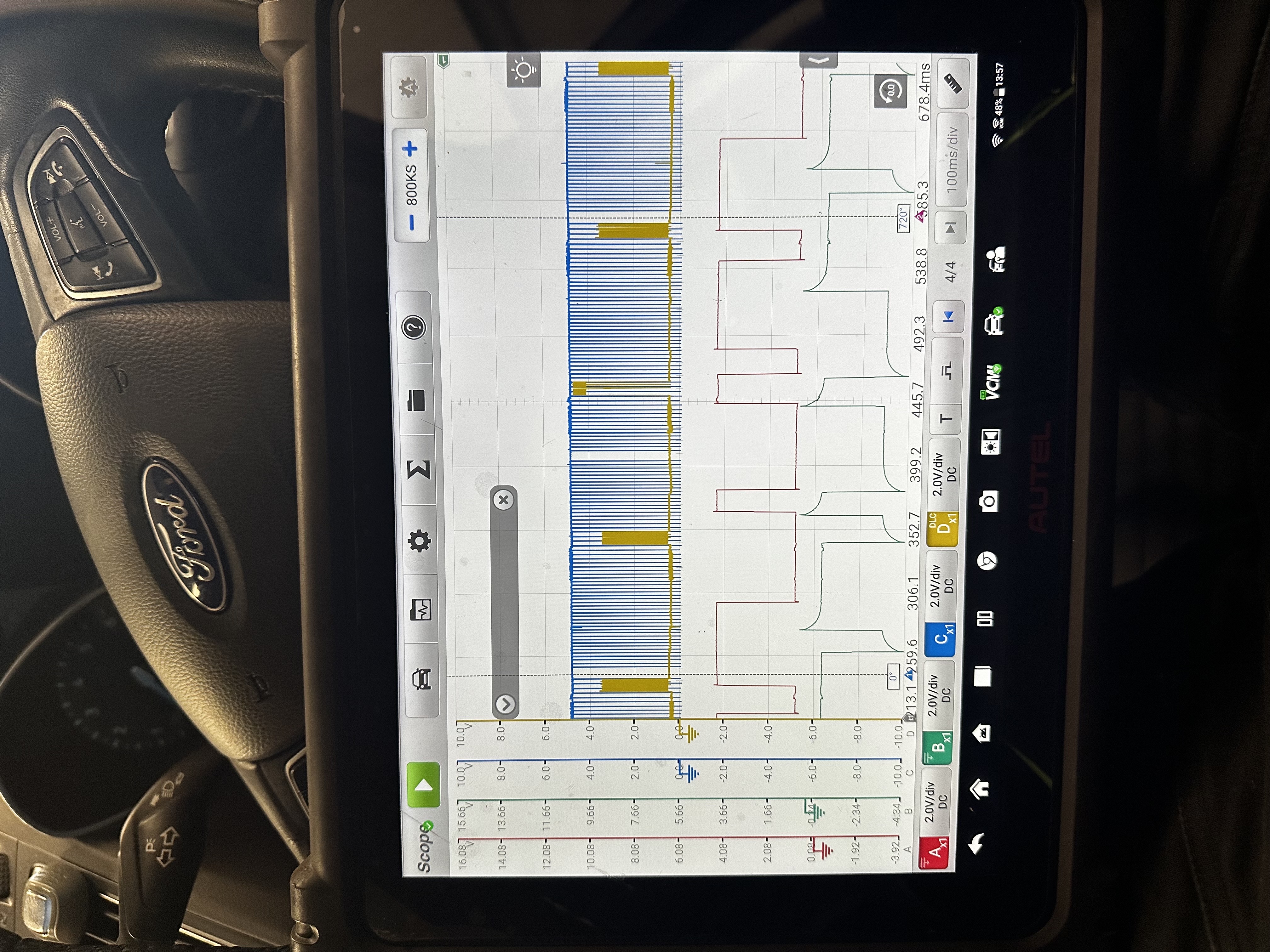 Autel diagnostic tablet in multi-channel oscilloscope mode at Shaw's Service Station