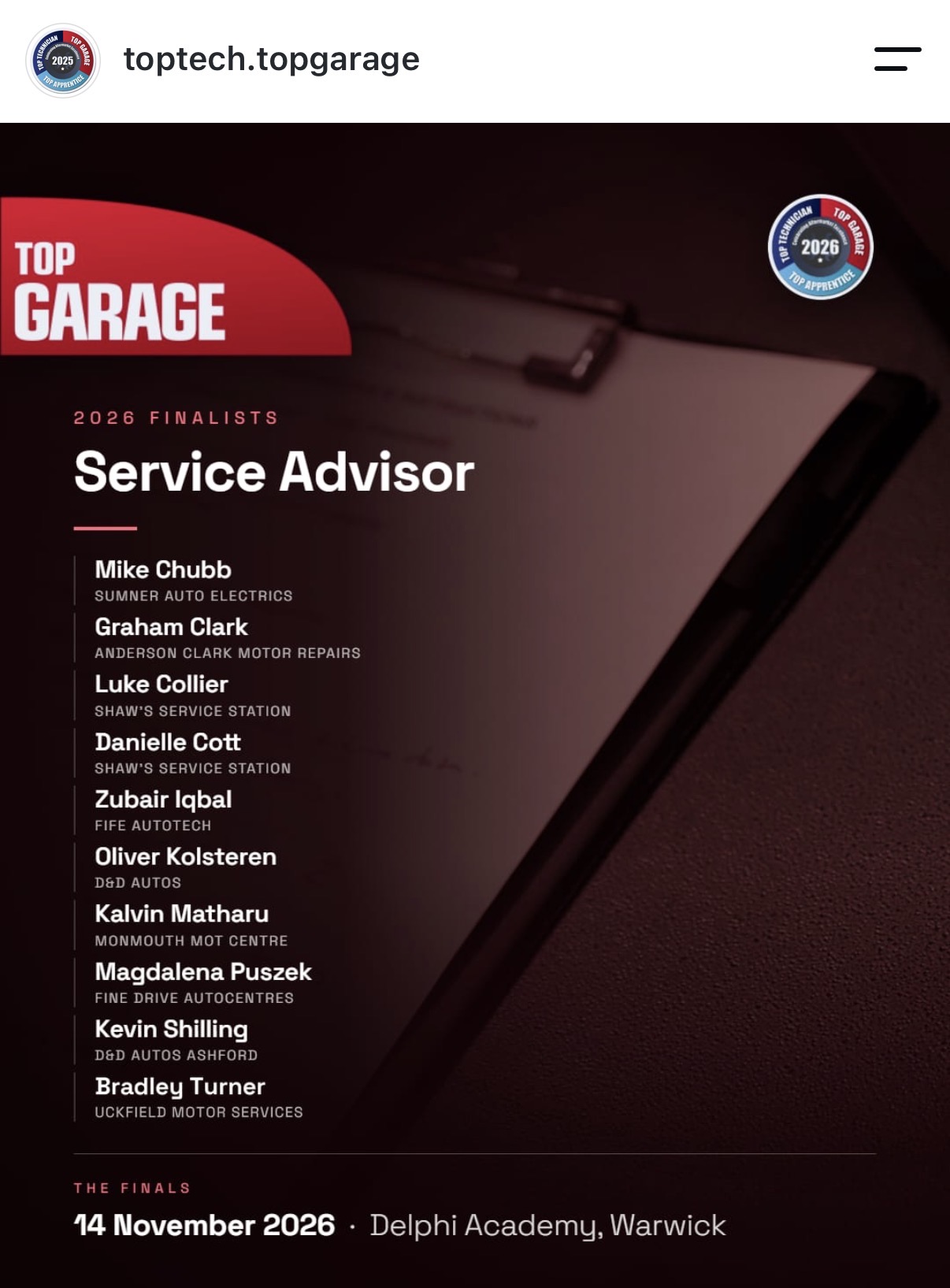 Luke Collier and Danielle Cott from Shaw&rsquo;s Service Station named as Top Garage 2026 Top Service Advisor finalists