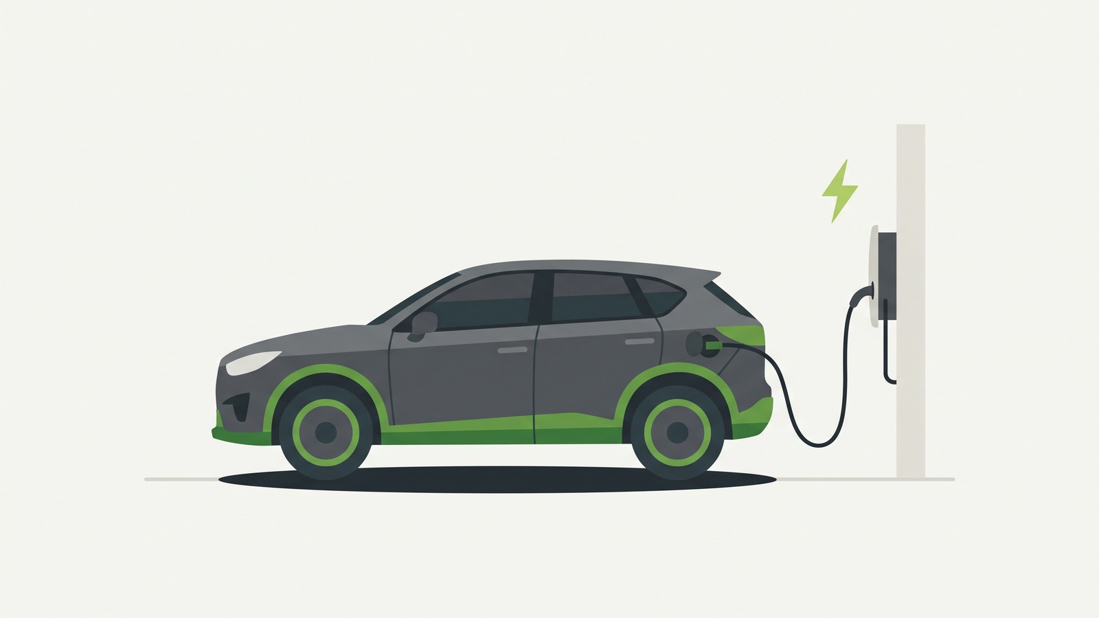 Illustration of a generic electric car connected to a wall-mounted charger