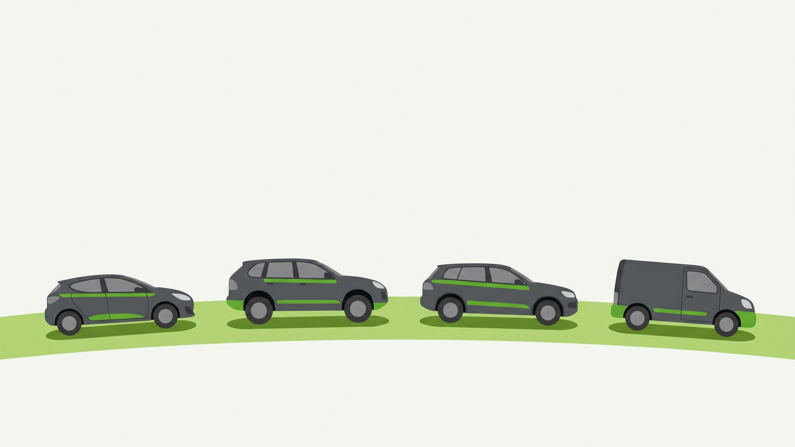 Illustration of four generic vehicles, including a van, driving along a road