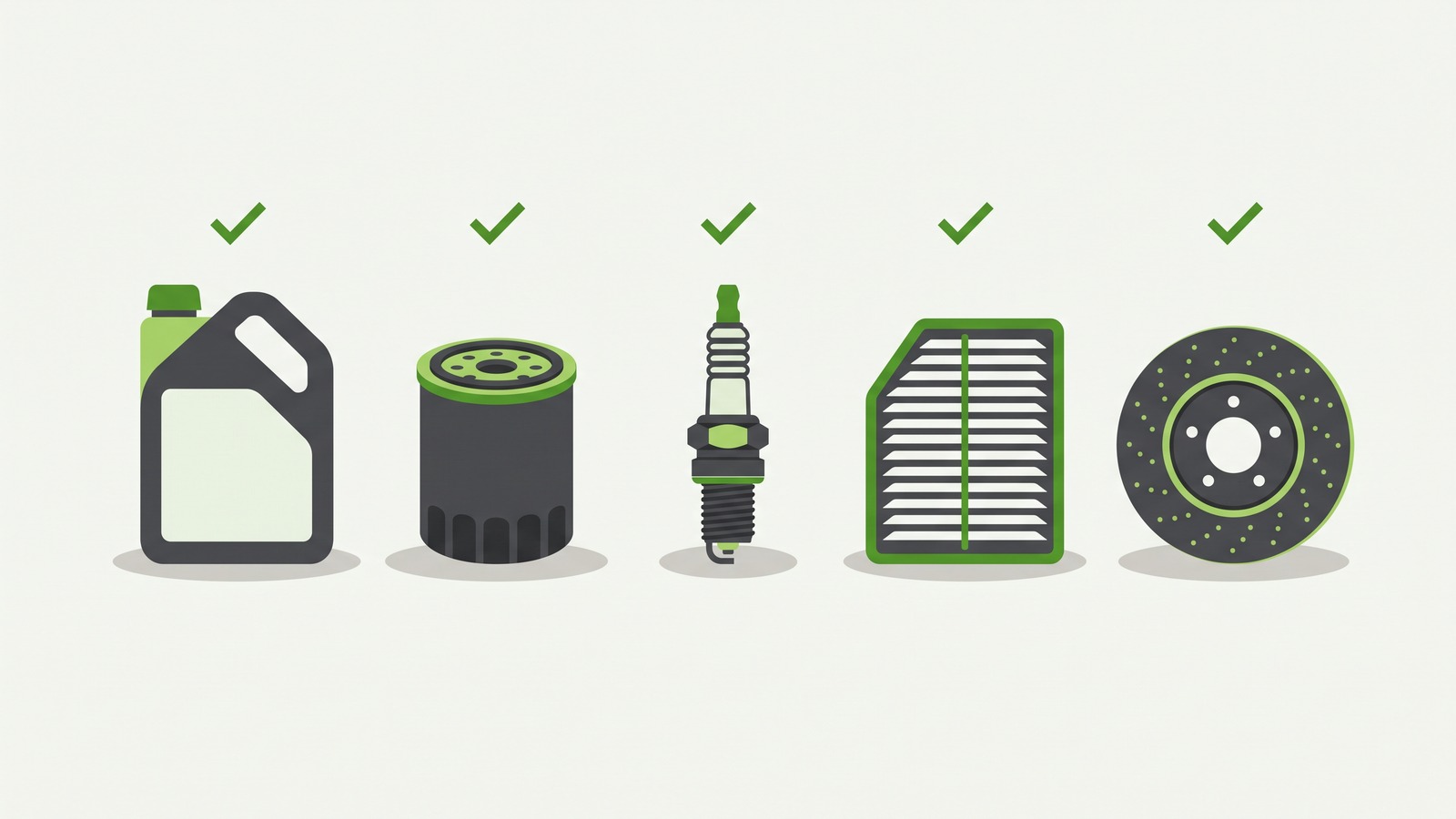 Illustration of an oil bottle, oil filter, spark plug, air filter and brake disc, each marked with a green tick