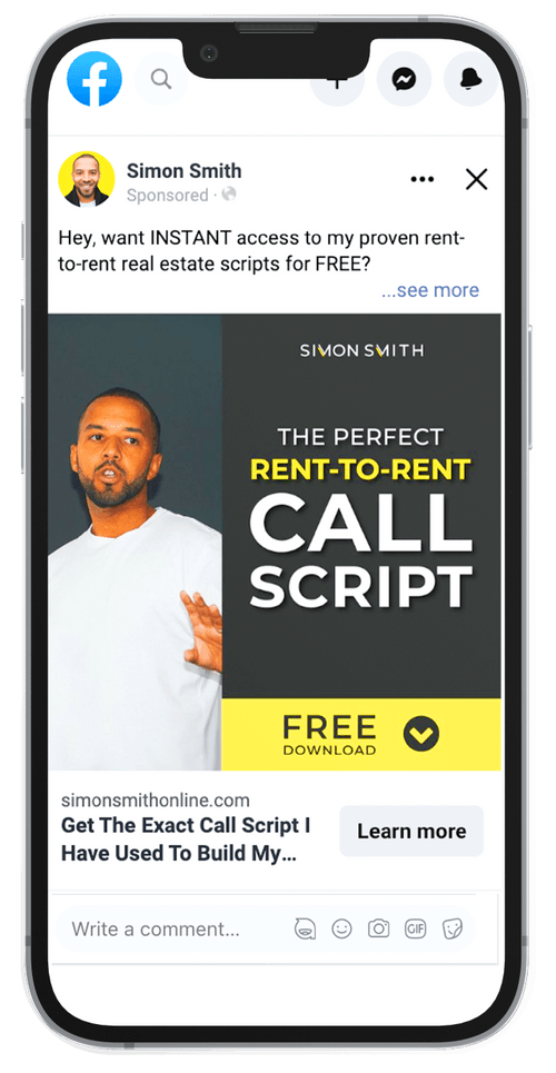 Phone mock-up with an example facebook lead magnet advert