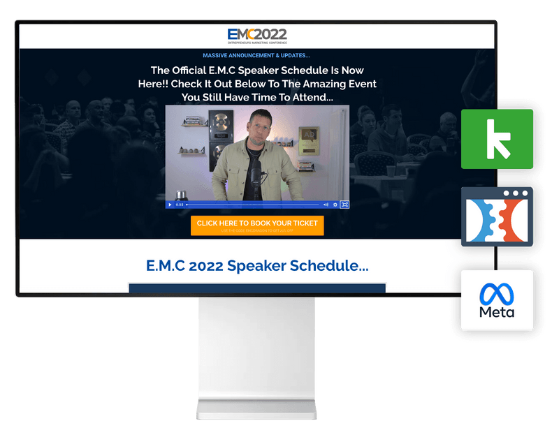 Computer mock-up showing Entrepreneurs Marketing Conference landing page including links to softwares and integrations