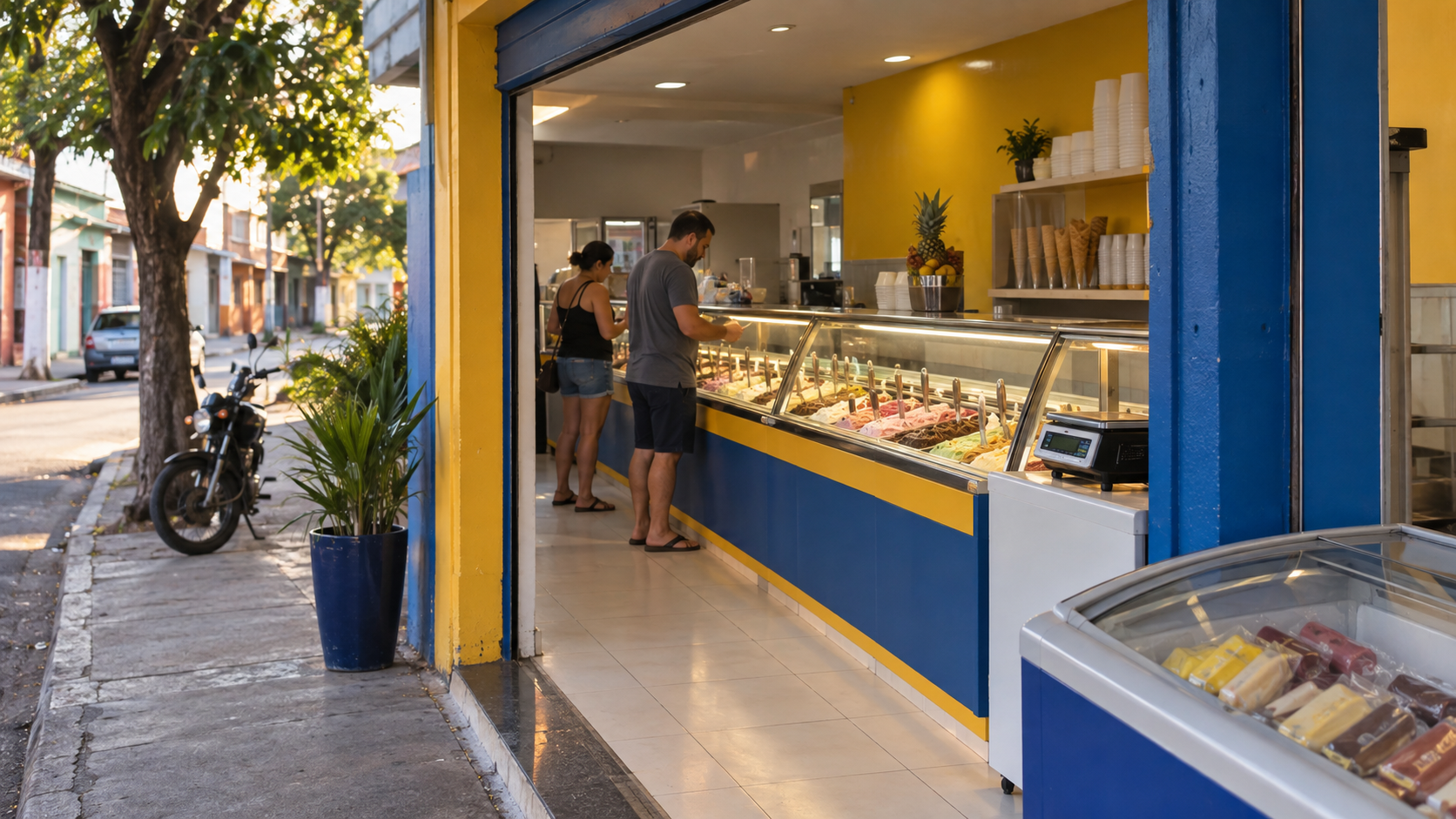 Entrada de uma sorveteria Luigi Sorvetes com balcão self-service e clientes escolhendo sabores