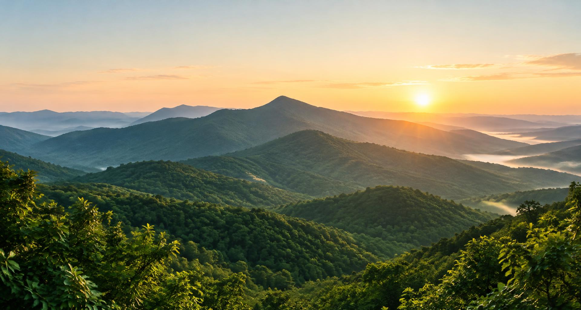 Sun rising over an expansive green mountain landscape