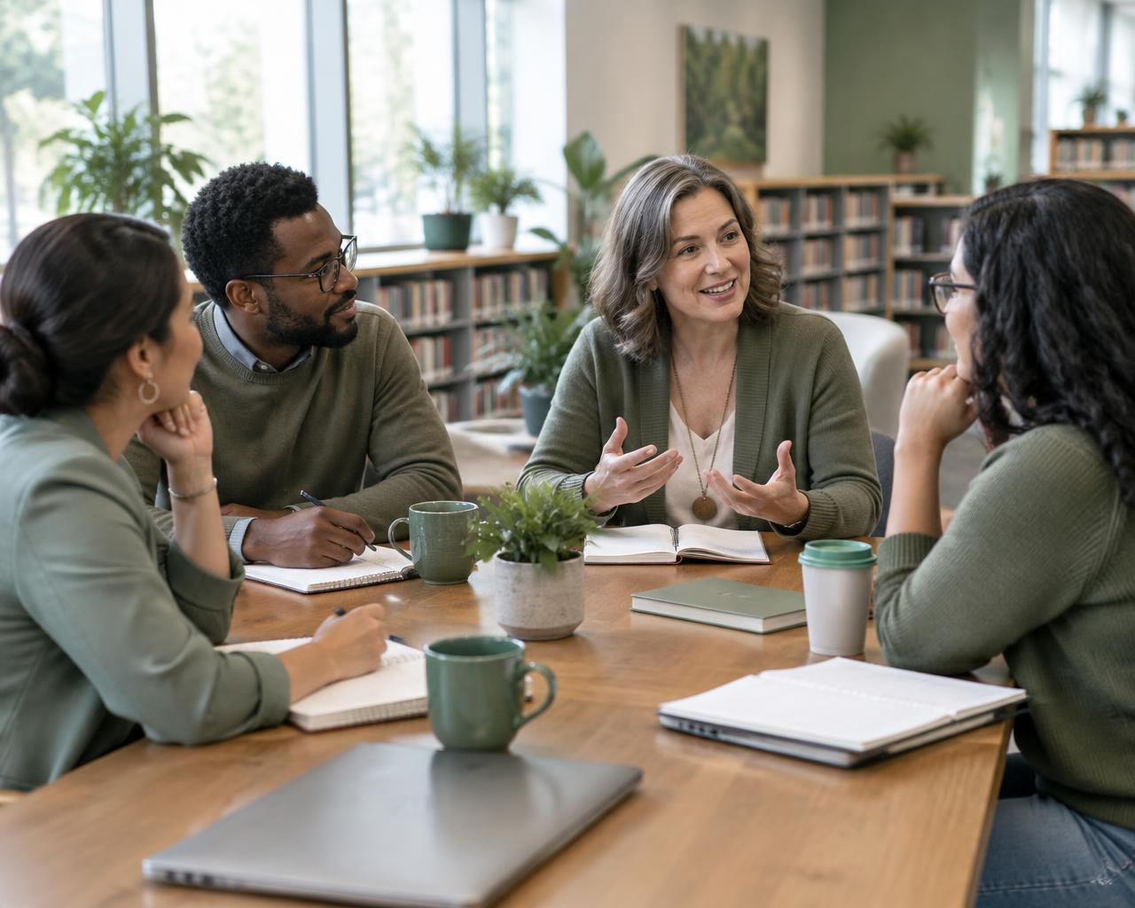 Educators sharing a thoughtful conversation in a school library